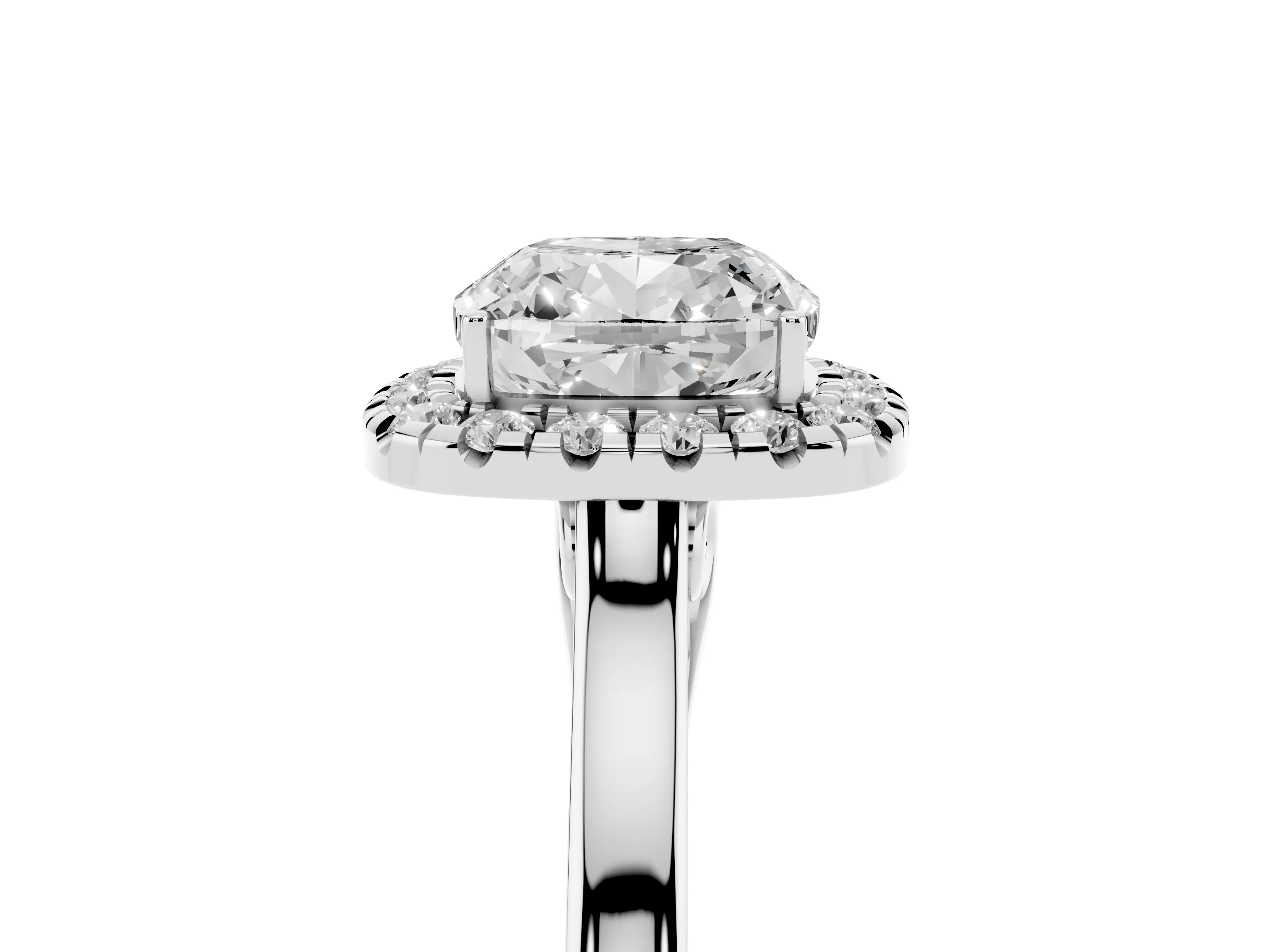 Cushion Cut Halo Round Diamond Solitaire Ring Set in Platinum with Pavé Band and Prong Setting