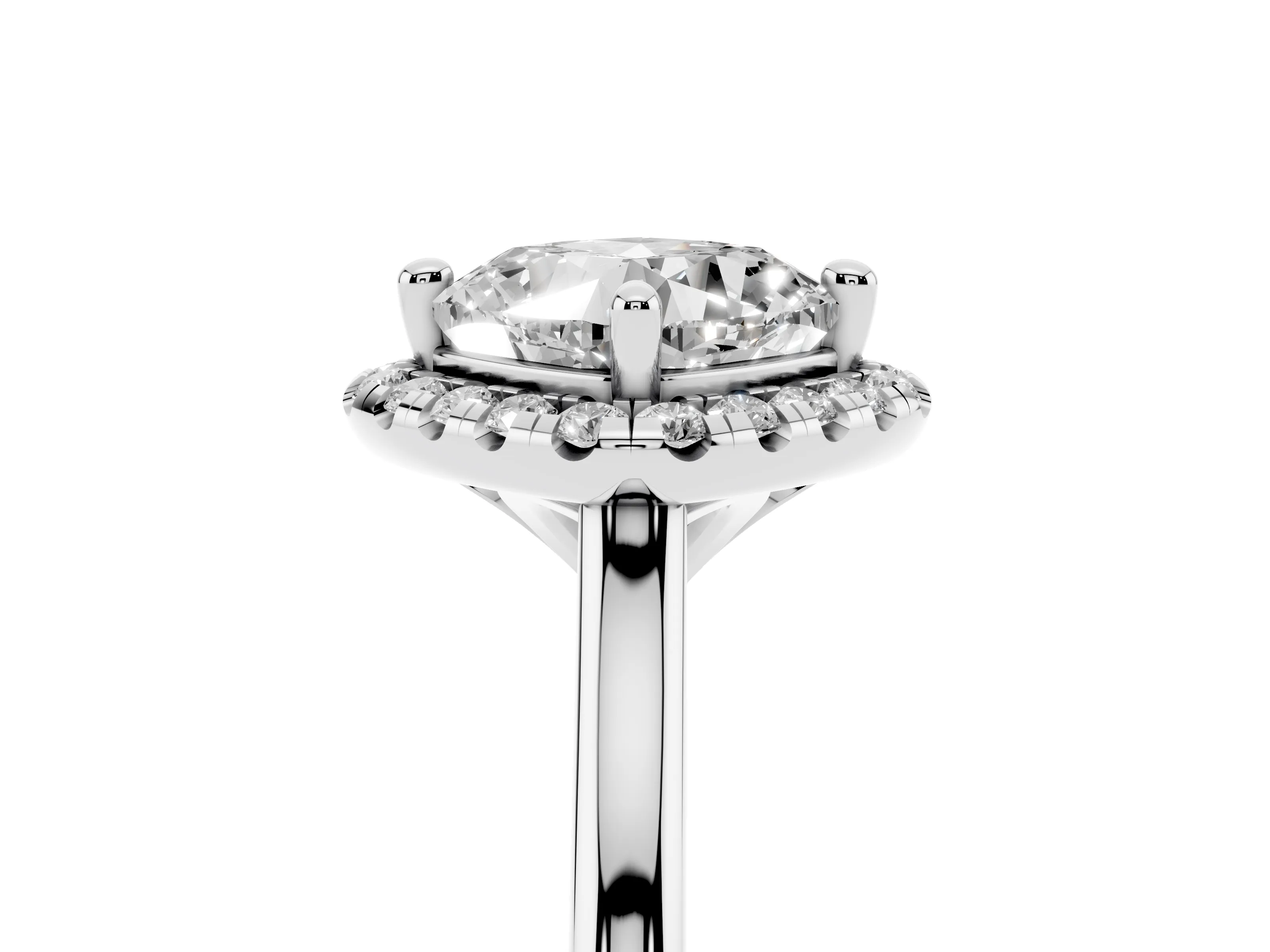 Cushion Cut Diamond Halo Engagement Ring Set in Platinum with Pavé Band and Rising Shoulders