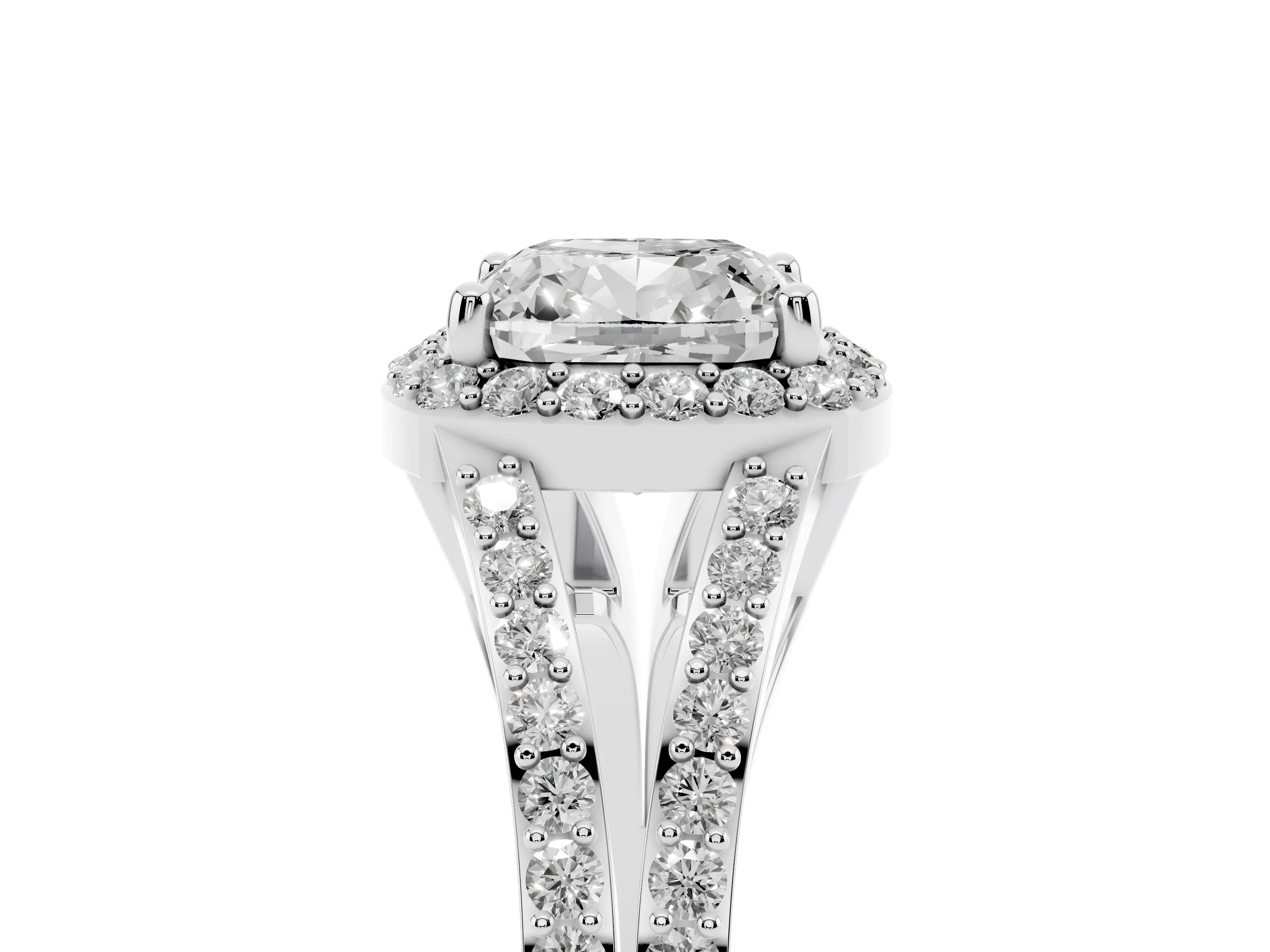 Cushion Cut Diamond Halo Split Shank Ring Set in Silver with Accent Stones and Prong Setting
