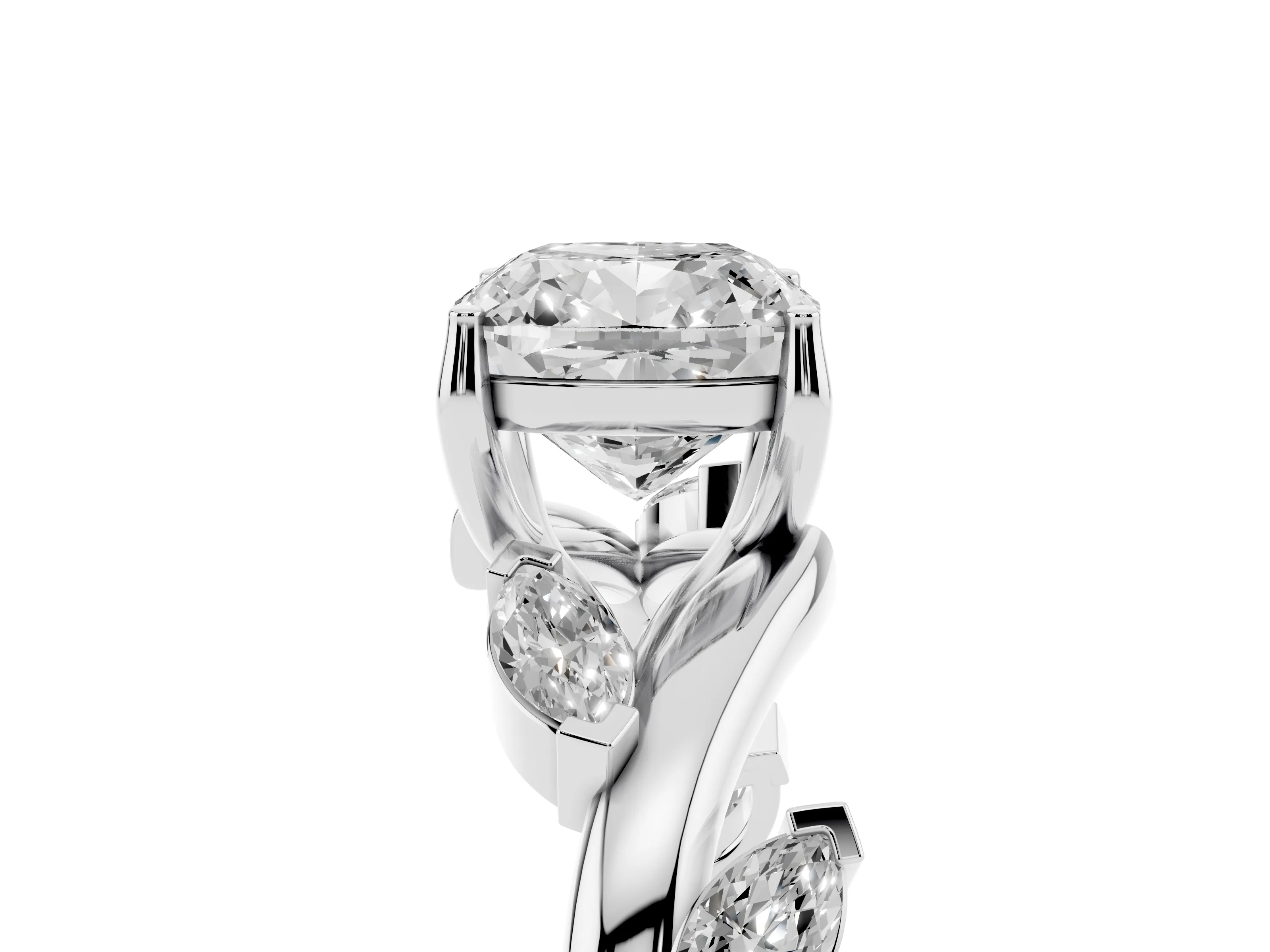 Cushion Cut Diamond Solitaire Ring Set in White gold with Twisted Marquise Accent Band