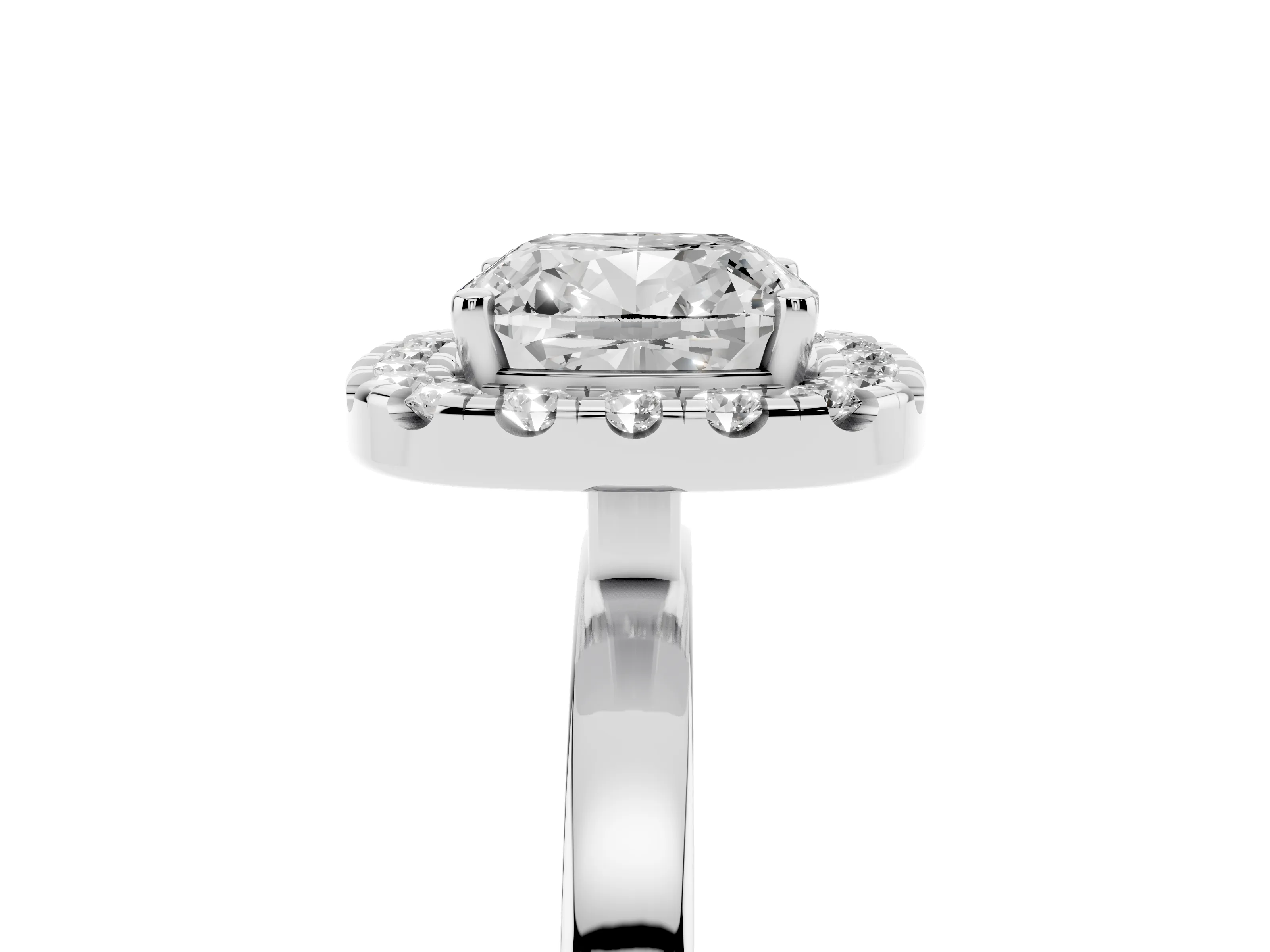 Cushion Cut Diamond Halo Solitaire Ring Set in White gold with Pavé Band and Prong Setting