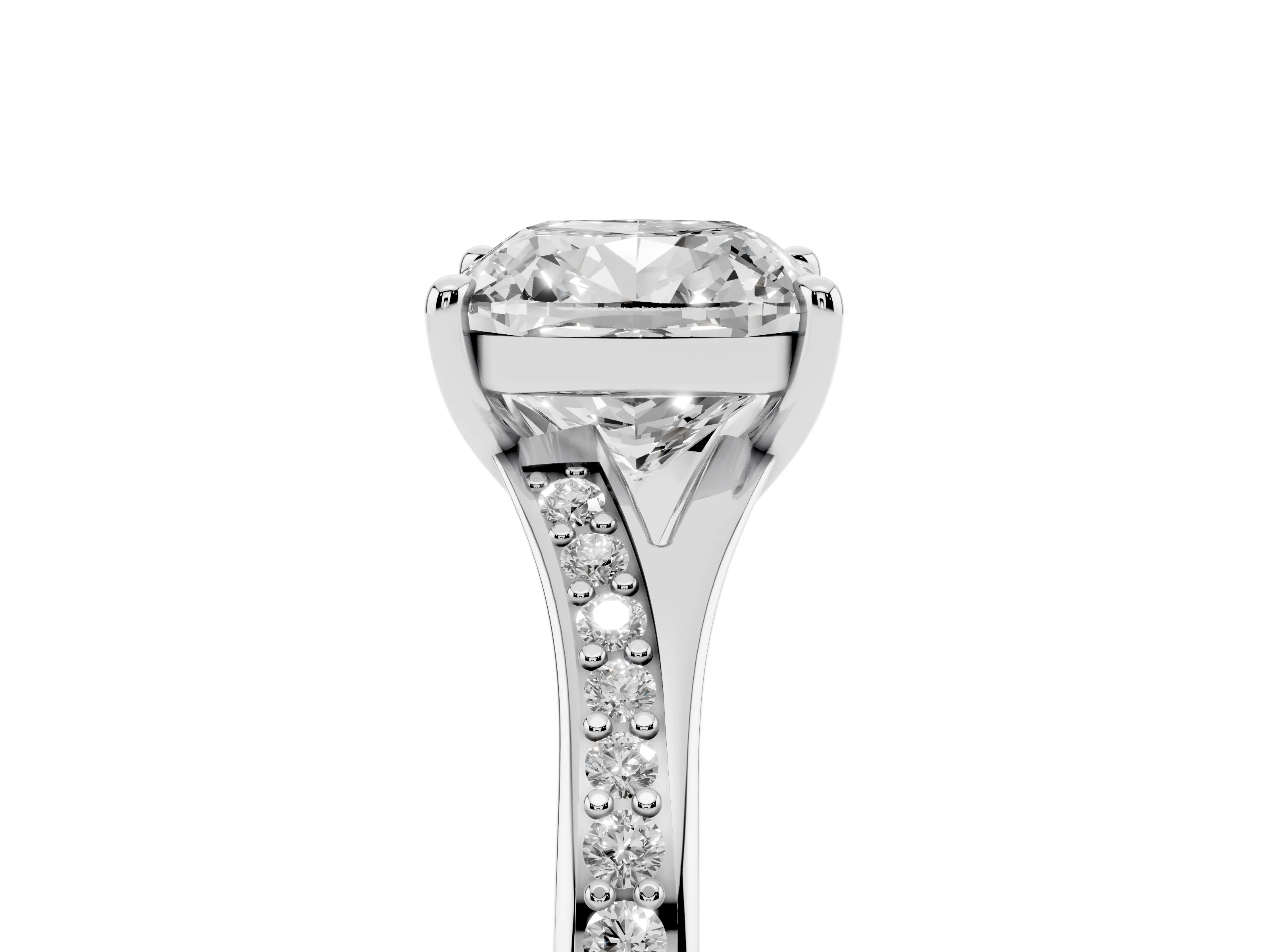 Cushion Cut Diamond Solitaire Ring Set in Silver with Pavé Accent Band and Classic Prong Setting