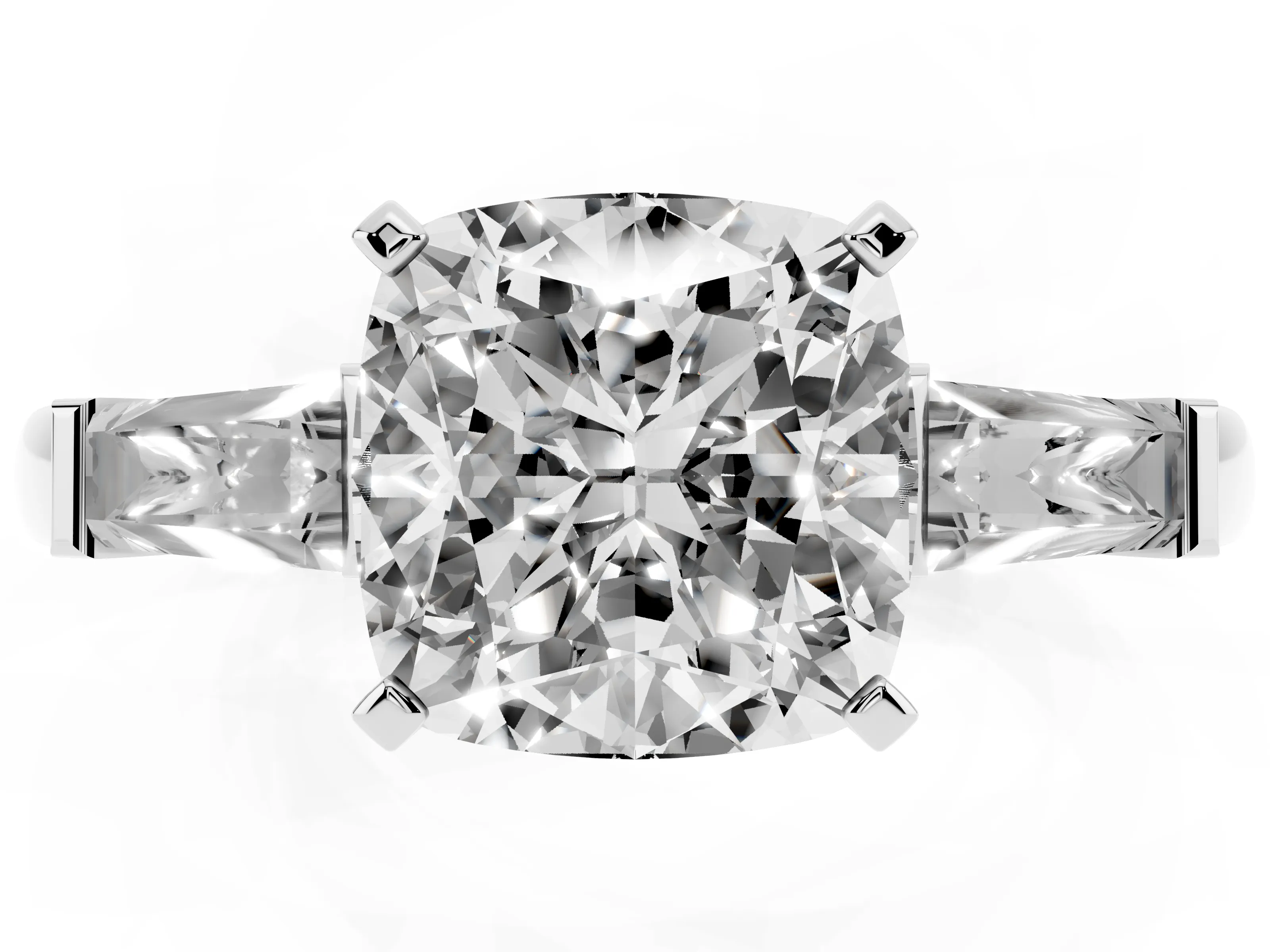 Cushion Cut Diamond Solitaire Ring Set in Platinum with Tapered Baguette Side Stones and Prong Setting