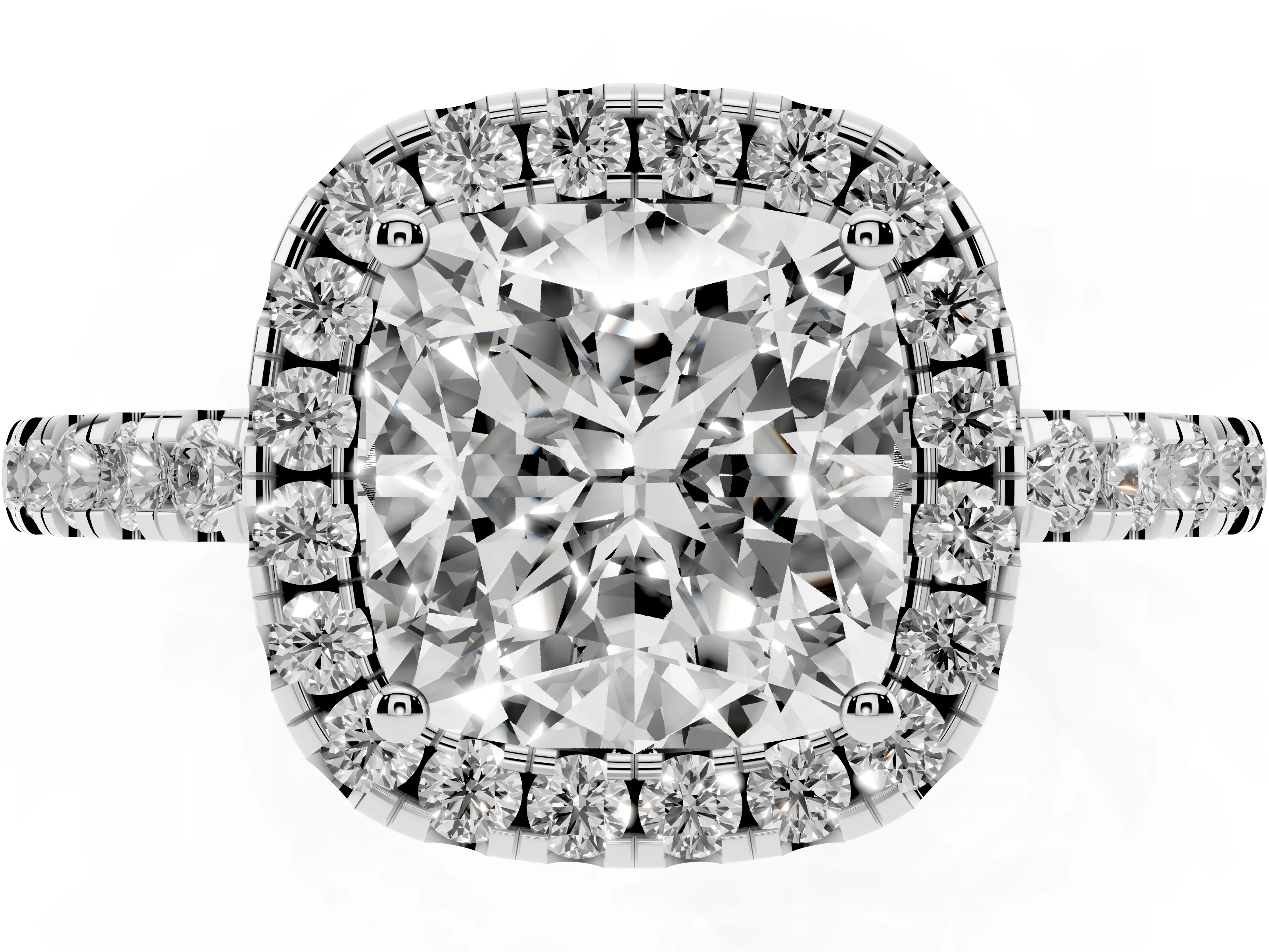 Cushion Cut Diamond Pavé Band Halo Engagement Ring Set in Platinum with Prong Setting