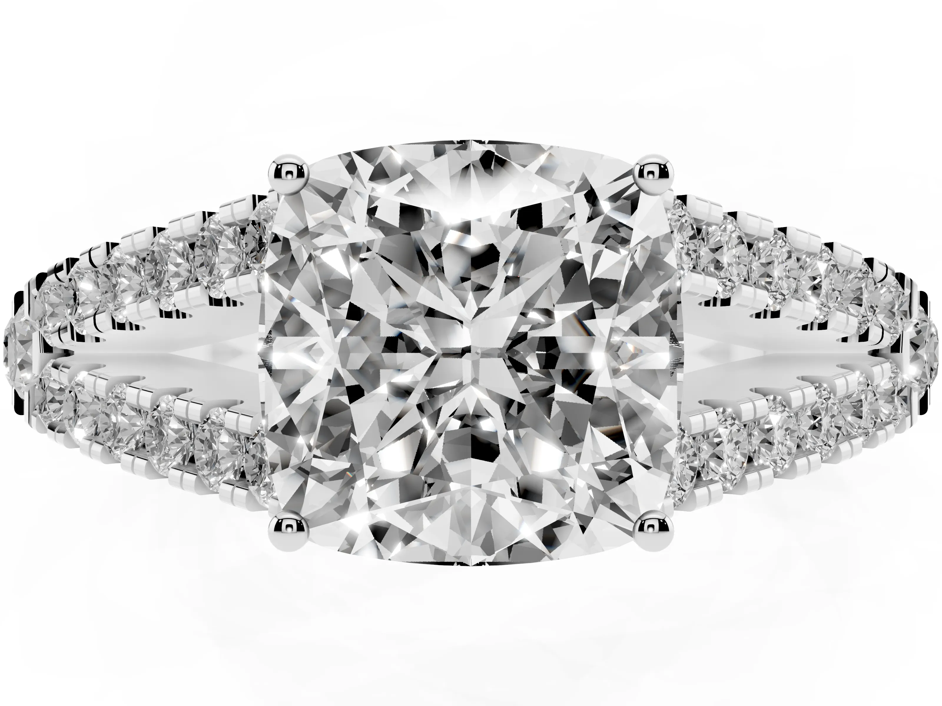 Cushion Cut Diamond Split Shank Pavé Engagement Ring Set in Platinum with Prong-Held Center Stone