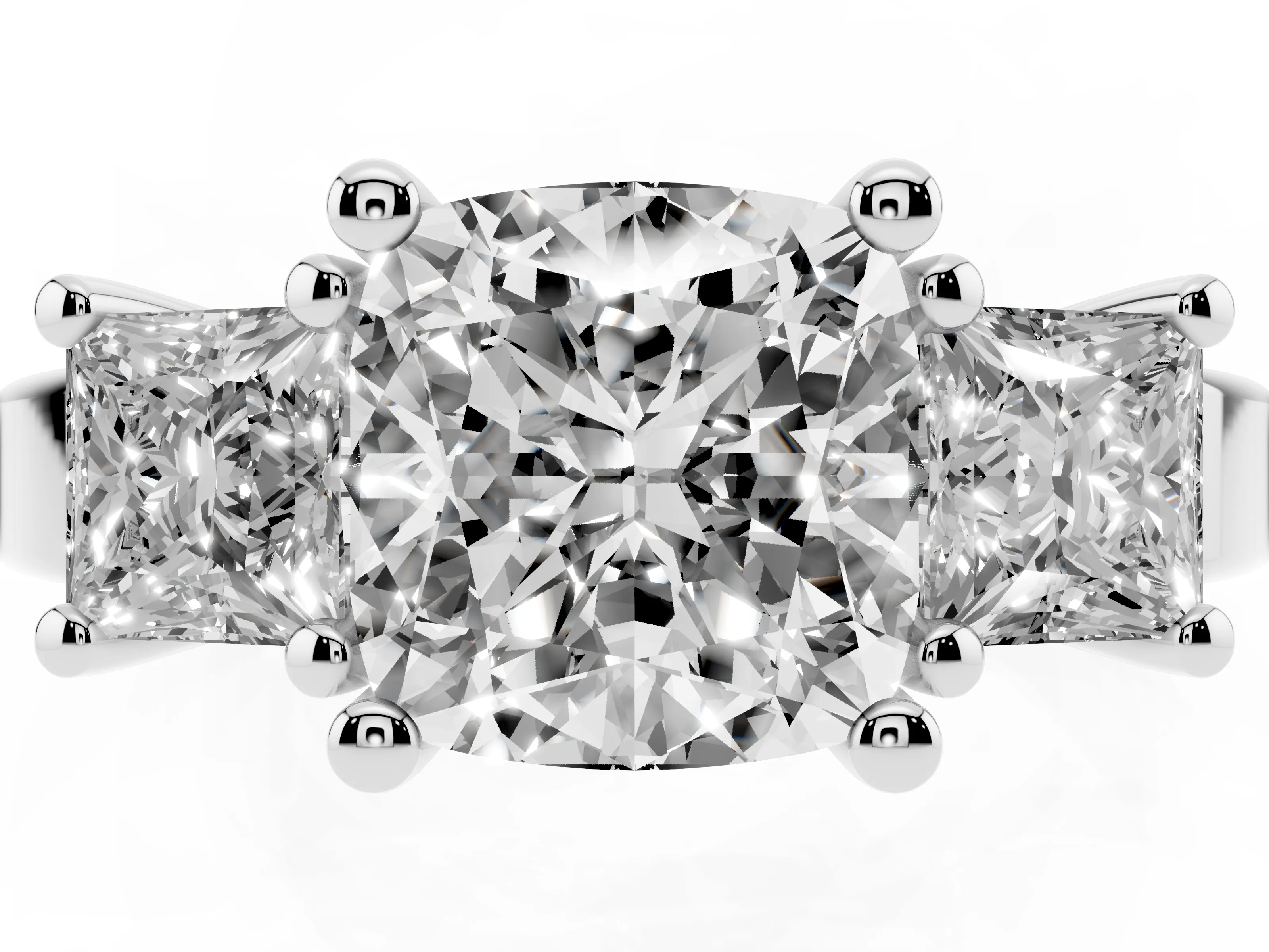 Three-Stone Cushion Cut Diamond Solitaire Ring Set in Platinum with Prong Setting