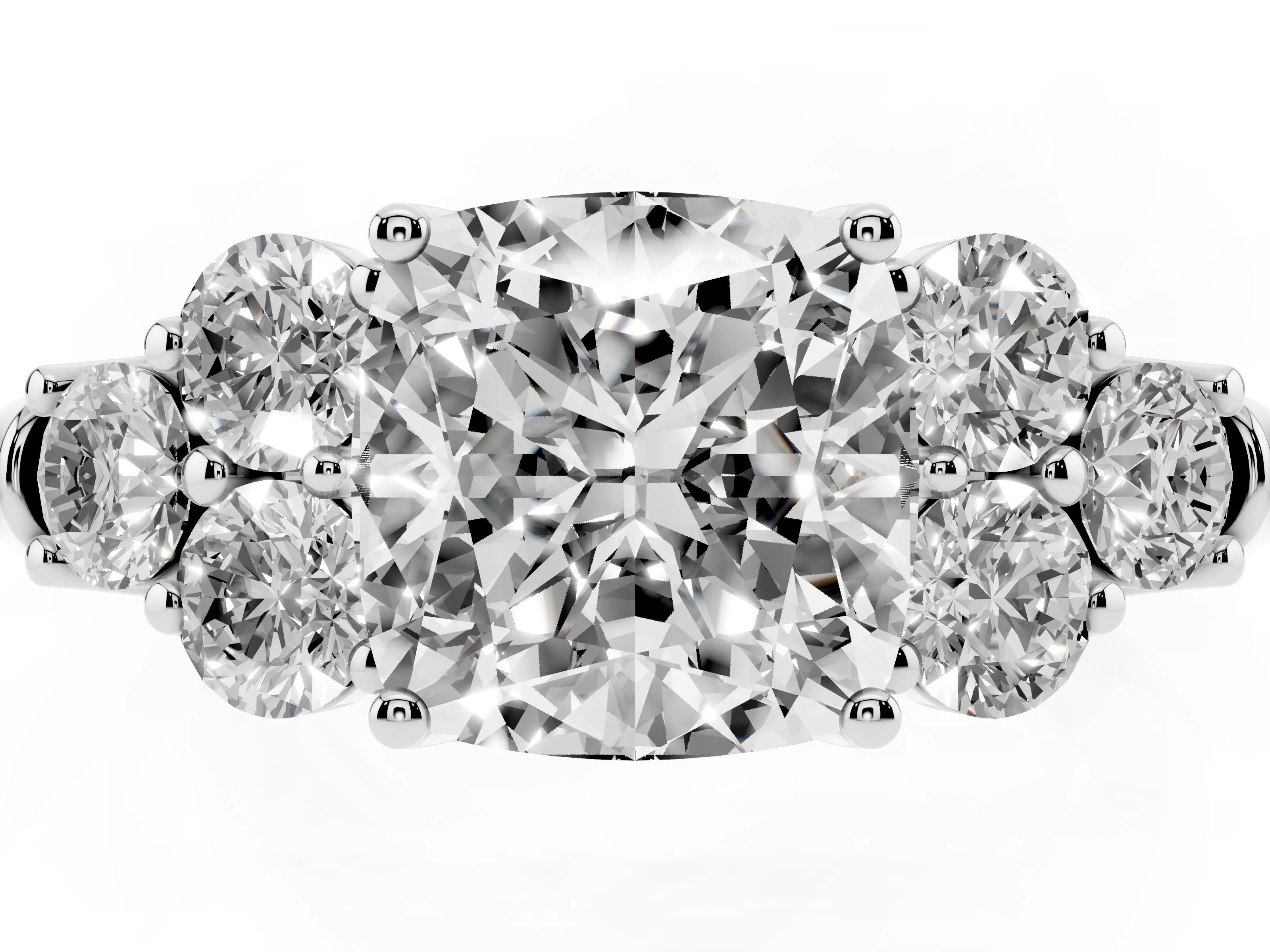 Cushion Cut Diamond Cluster Ring Set in White gold with Round Accent Stones and Prong Setting on a Plain Band