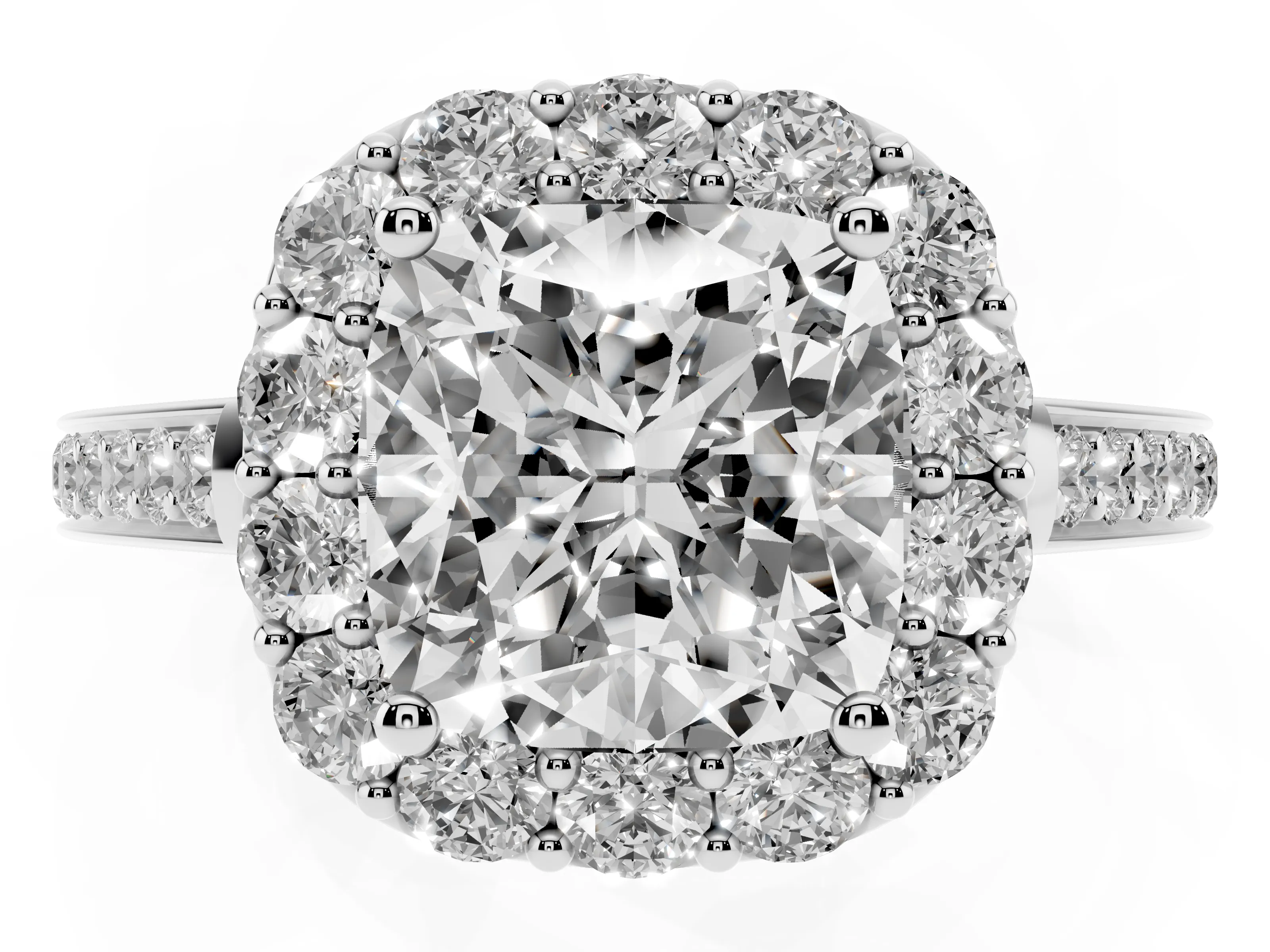 Cushion Cut Diamond Floral Halo Ring Set in White gold with Pavé Band and Prong Setting