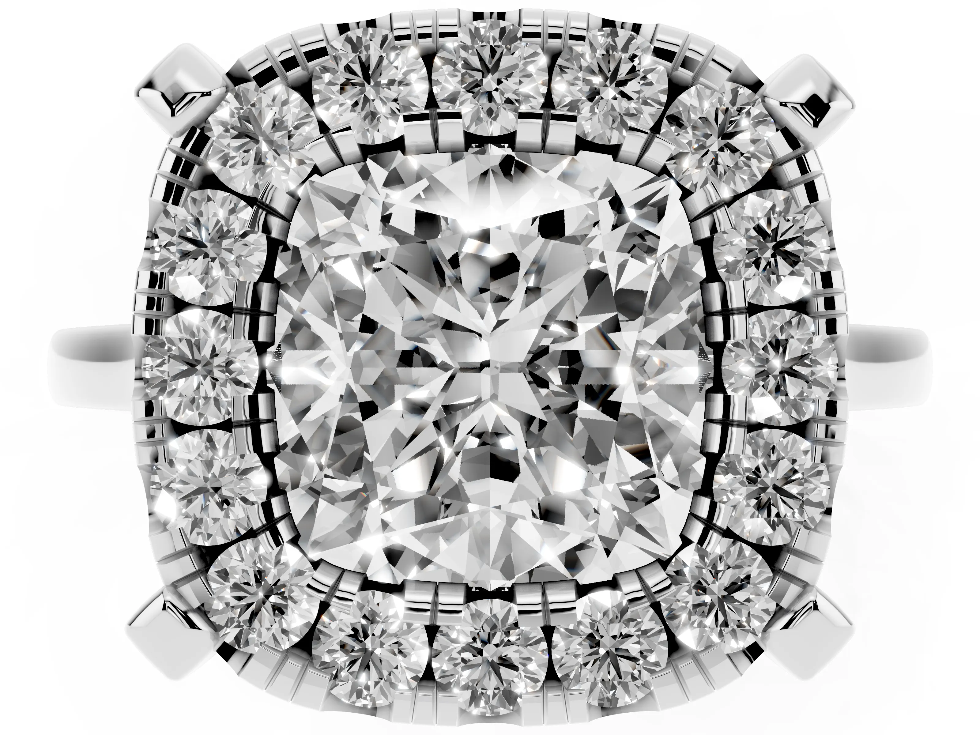 Cushion Cut Diamond Cluster Halo Solitaire Ring Set in Silver with Prong Setting