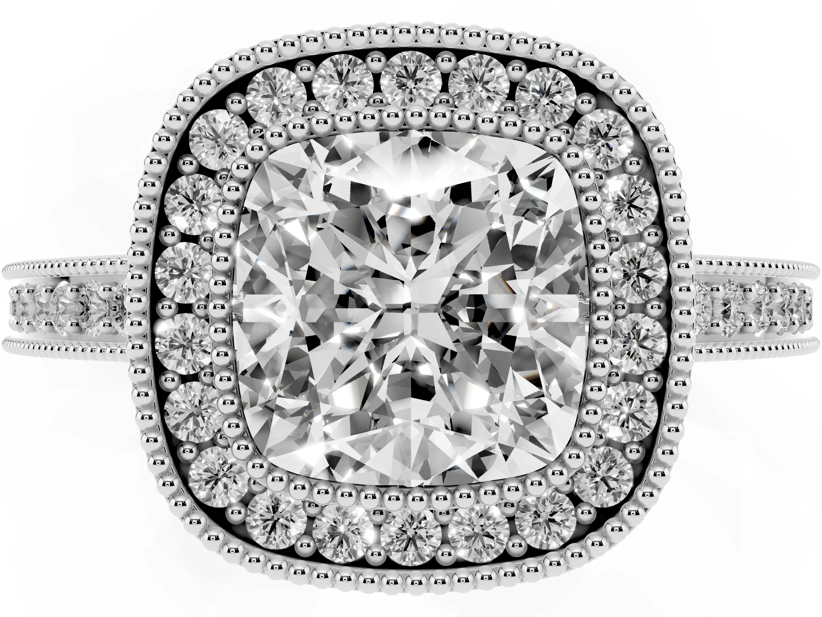 Cushion Cut Diamond Round Halo Ring Set in Silver with Pavé Band