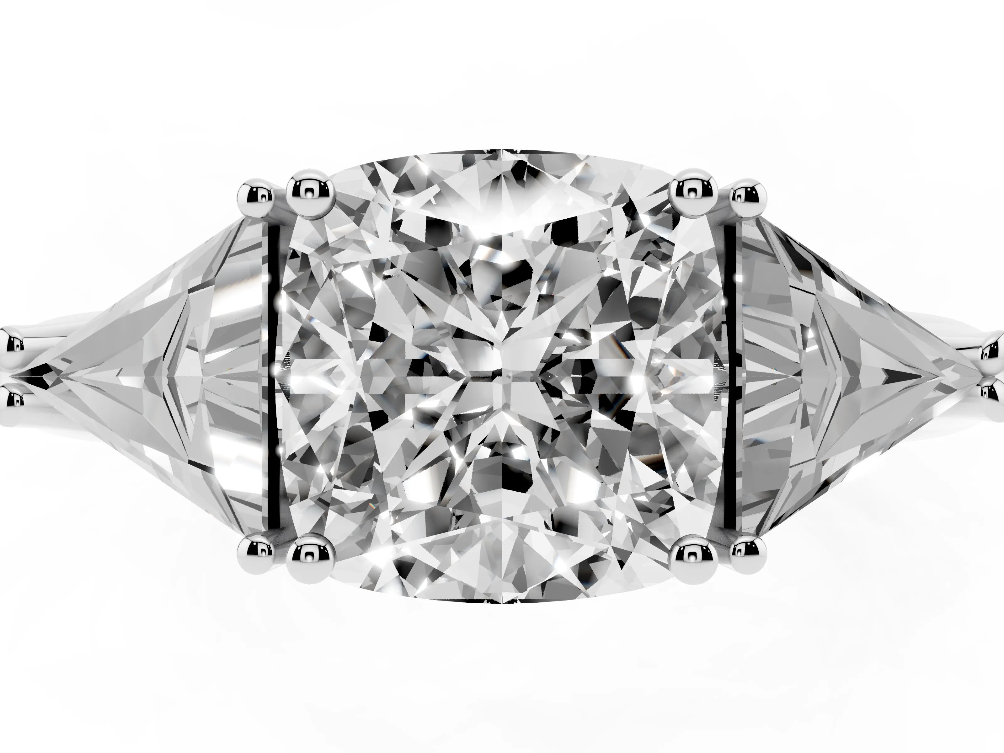 Cushion Cut Diamond Three-Stone Engagement Ring Set in White gold with Trillion Side Stones