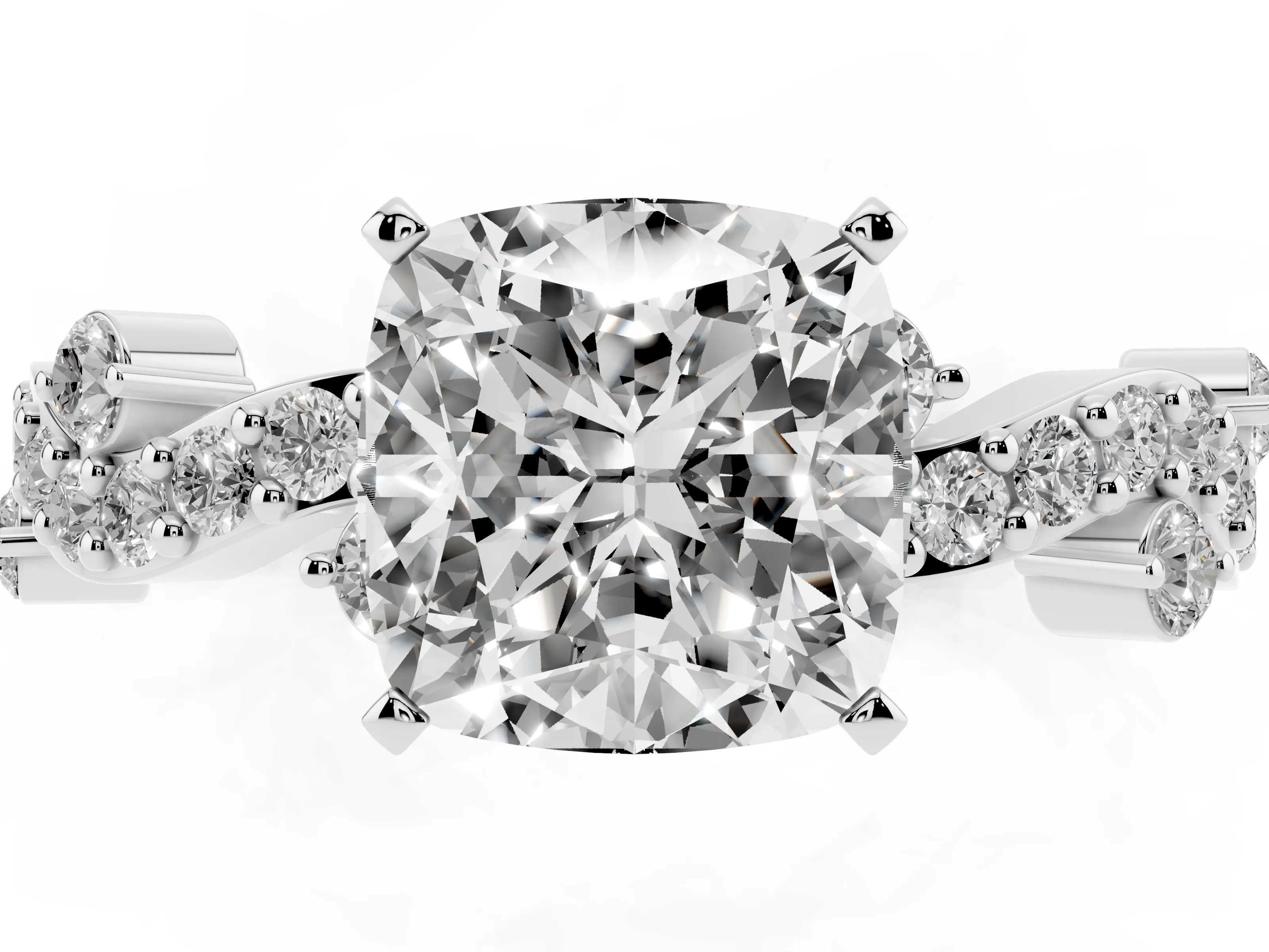 Cushion Cut Diamond Solitaire Twisted Band Set in Silver with Pavé Setting
