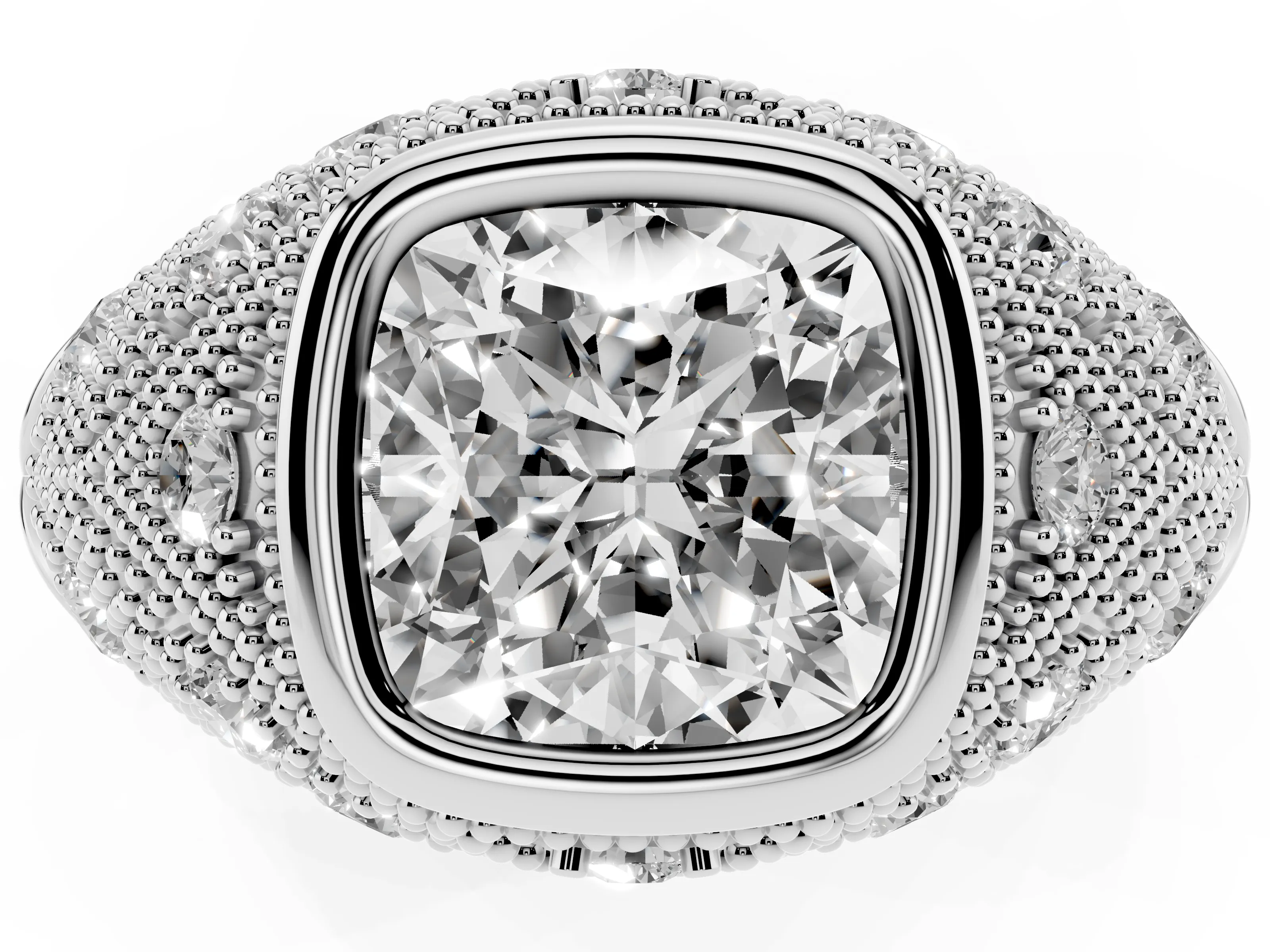 Cushion Cut Diamond Bezel Ring Set in Silver with Milgrain Accent Band