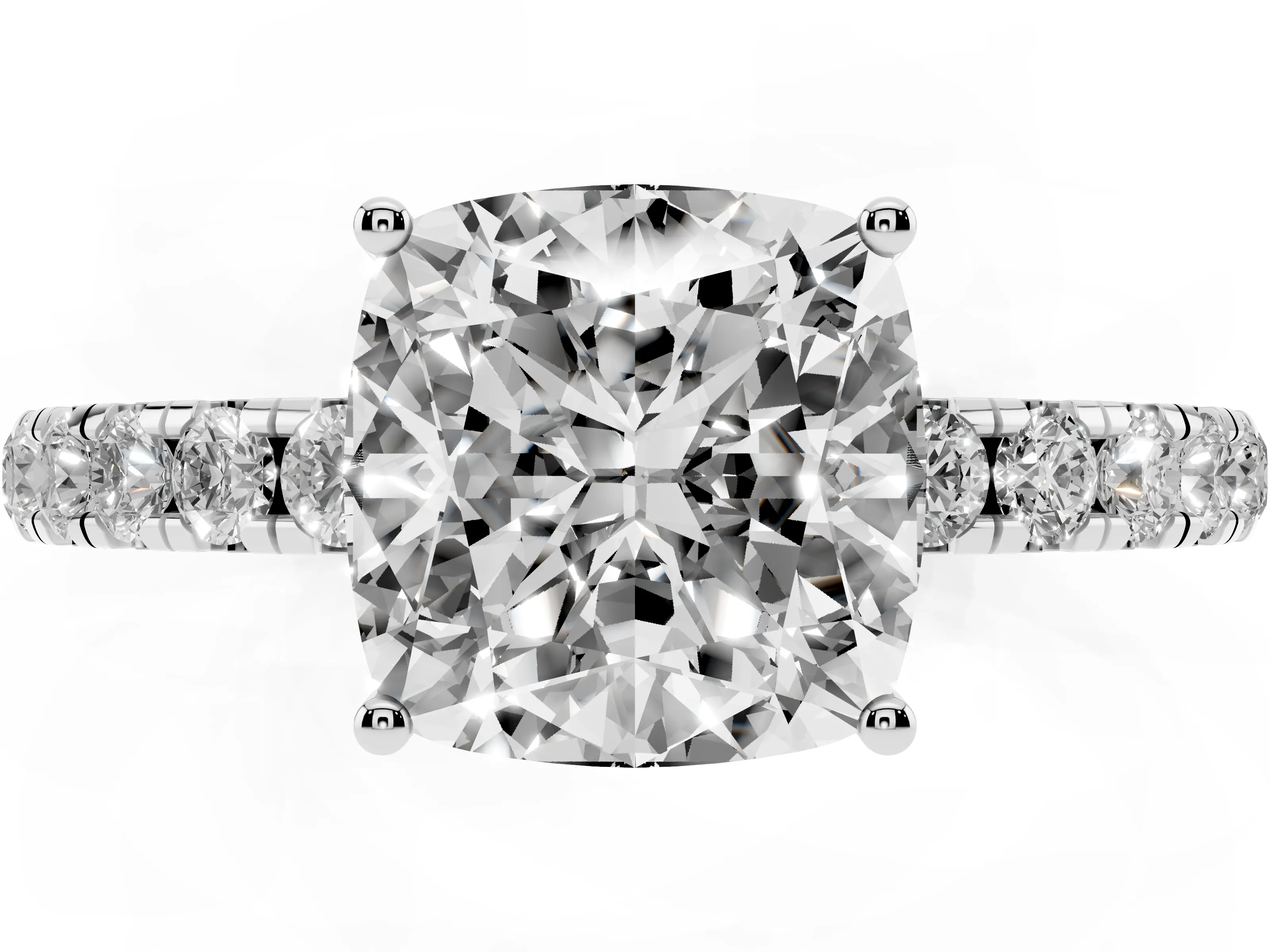 Cushion Cut Diamond Pavé Solitaire Engagement Ring Set in Platinum with Prong Setting