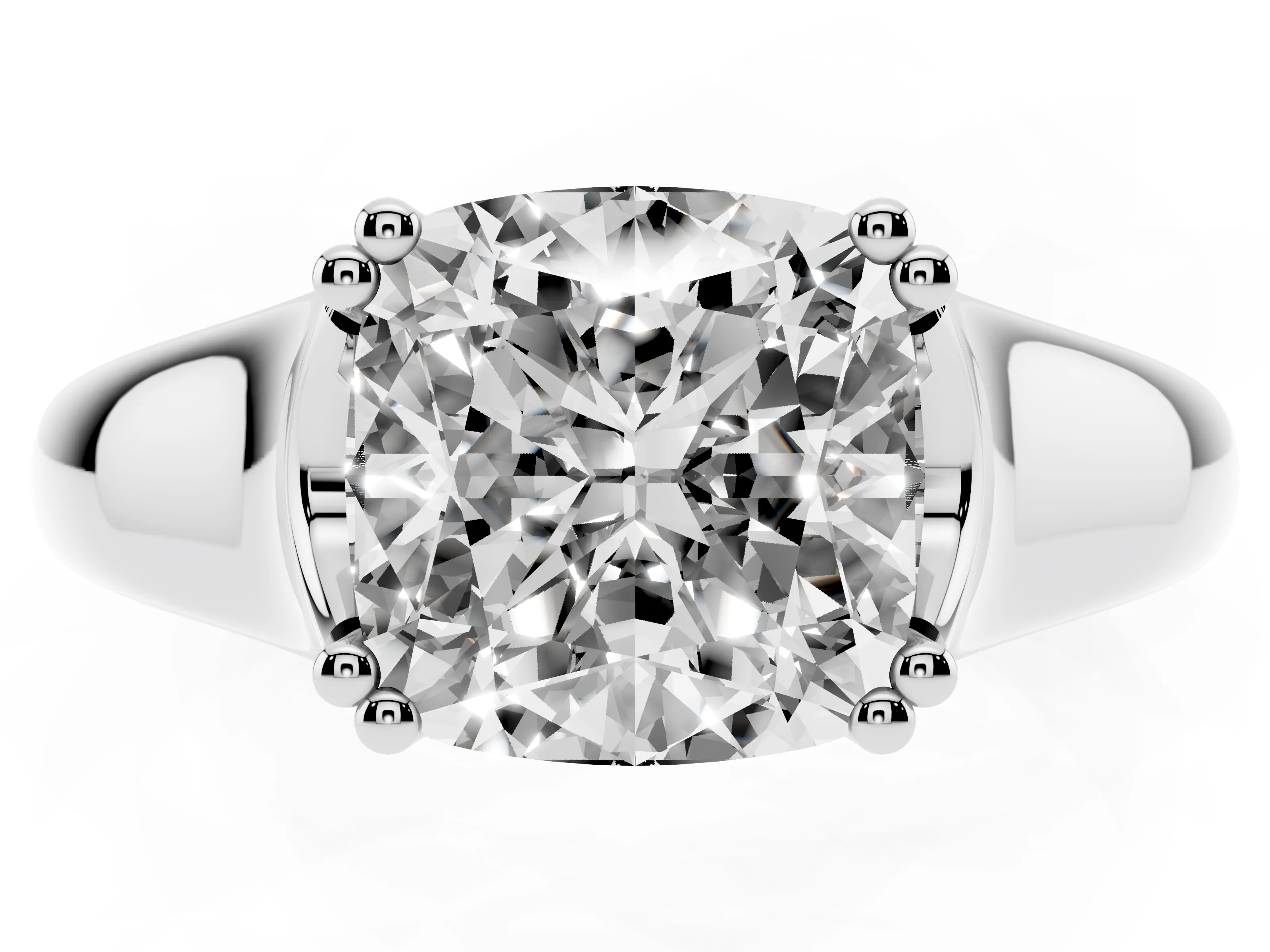 Cushion Cut Diamond Solitaire Ring Set in White gold with Wide Band and Prong Setting