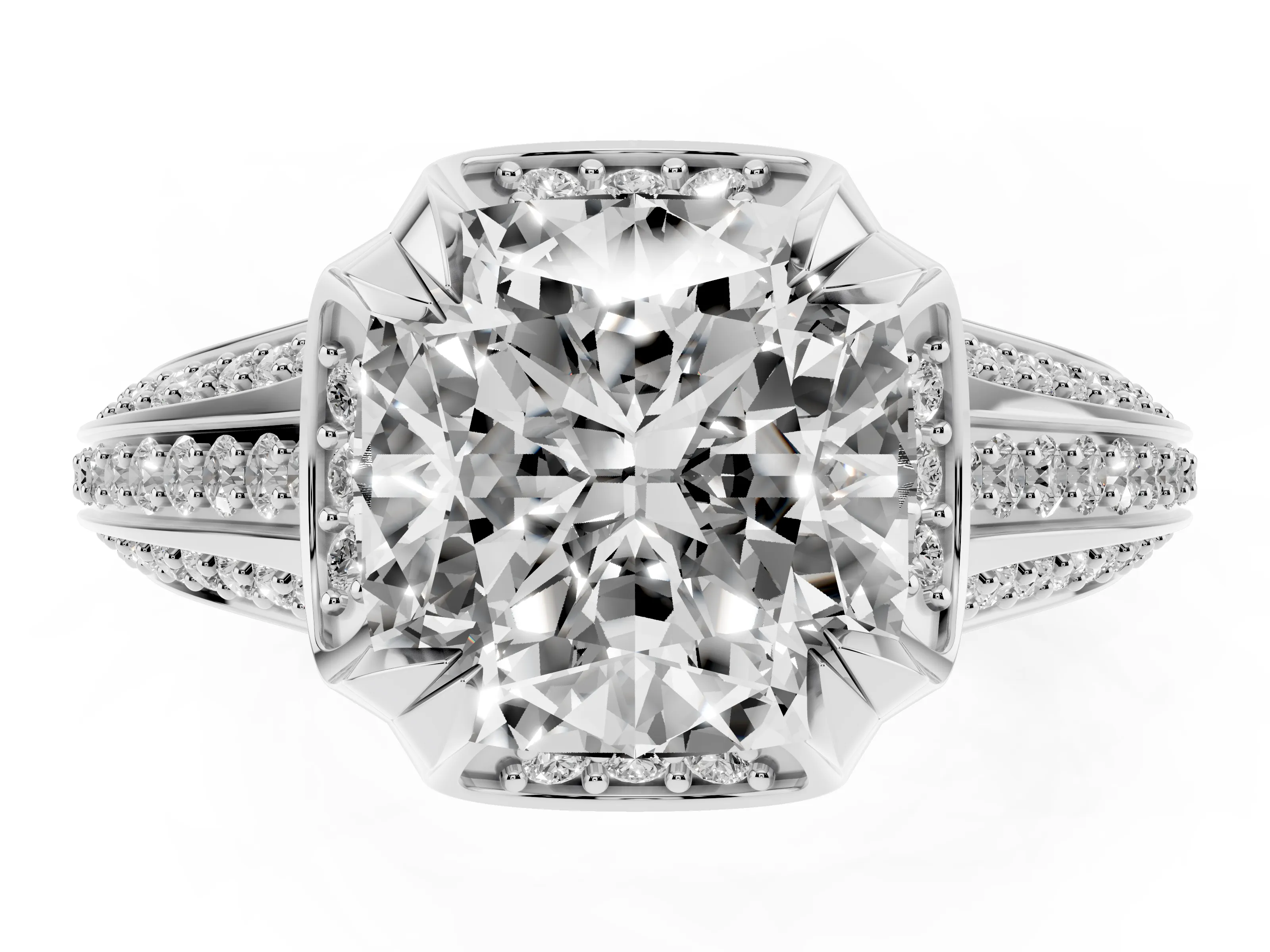 Cushion Cut Diamond Pavé Split Shank Solitaire Ring Set in Platinum with Prong Setting