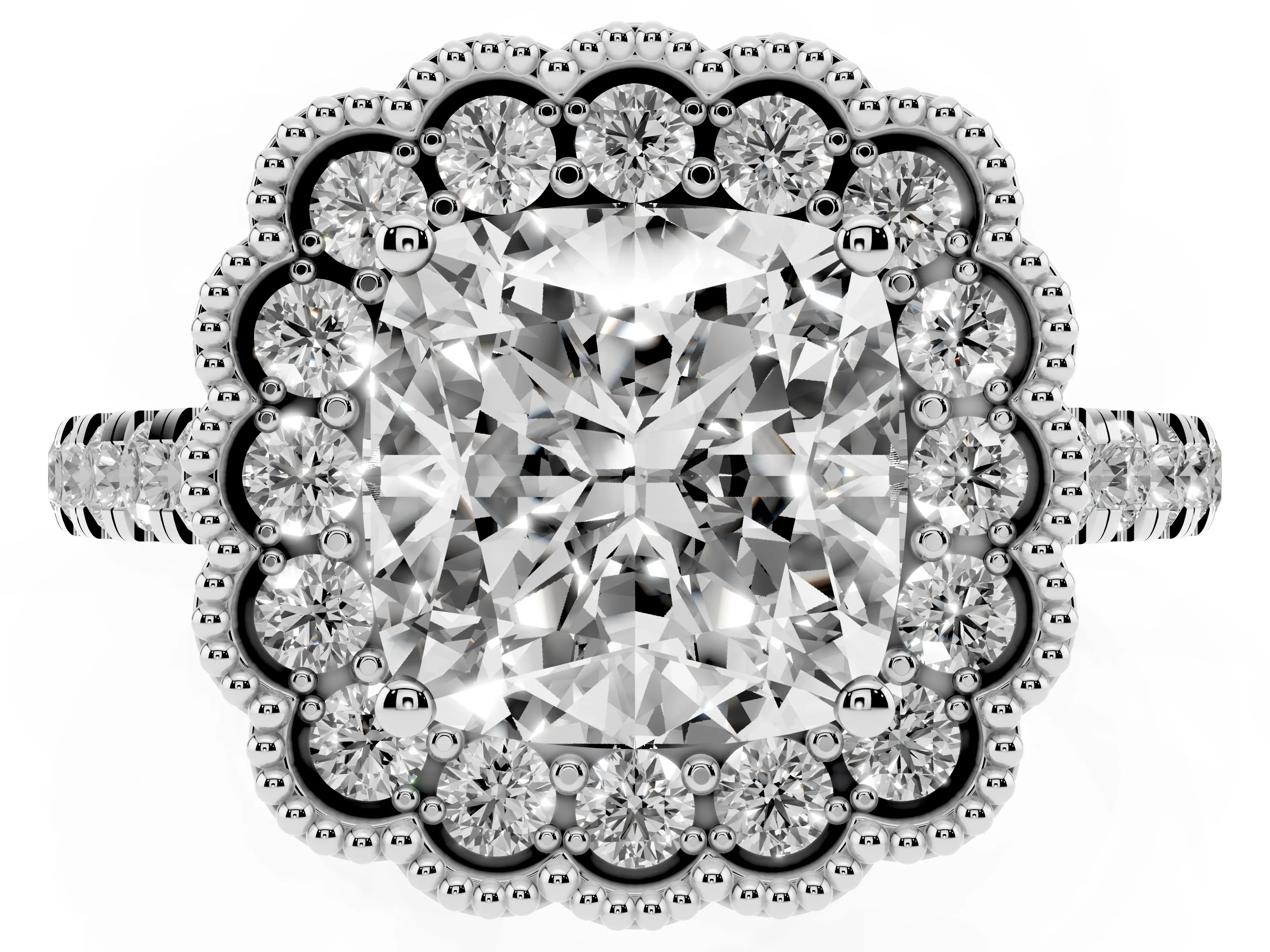 Cushion Cut Diamond Milgrain Floral Halo Engagement Ring Set in Platinum with Pavé Band