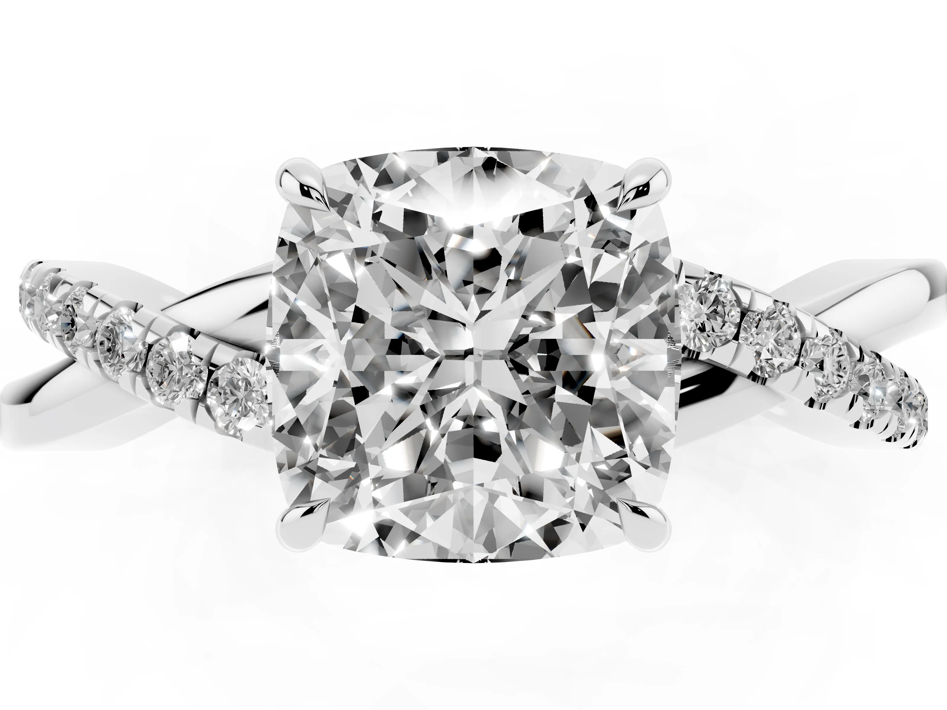 Cushion Cut Diamond Twisted Pavé Band Ring Set in Silver with Prong Setting