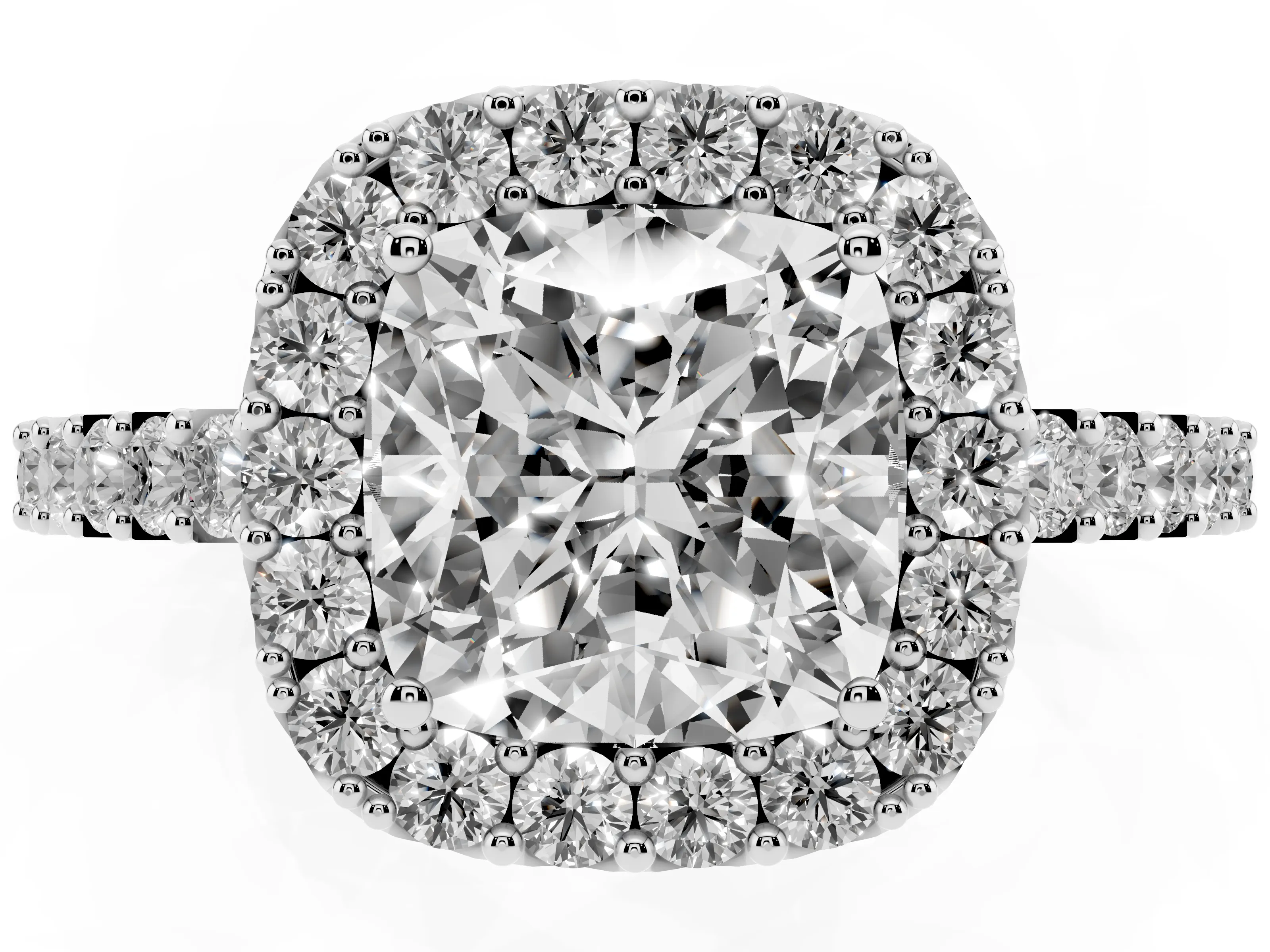 Cushion Cut Diamond Halo Pavé Solitaire Ring Set in Platinum with Prong-Set Center Stone