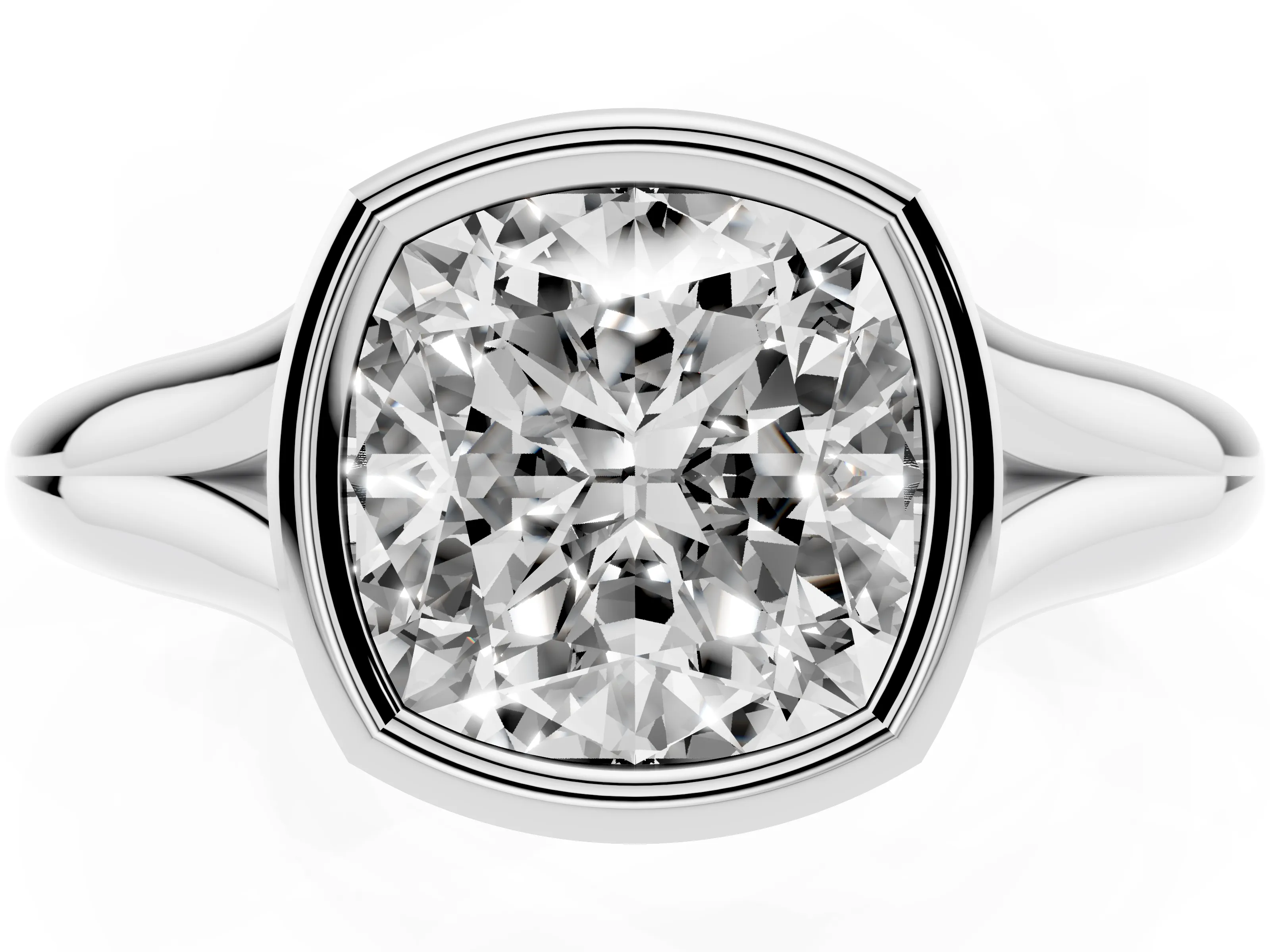 Bezel Set Cushion Cut Diamond Solitaire Ring Set in White gold with Smooth Band