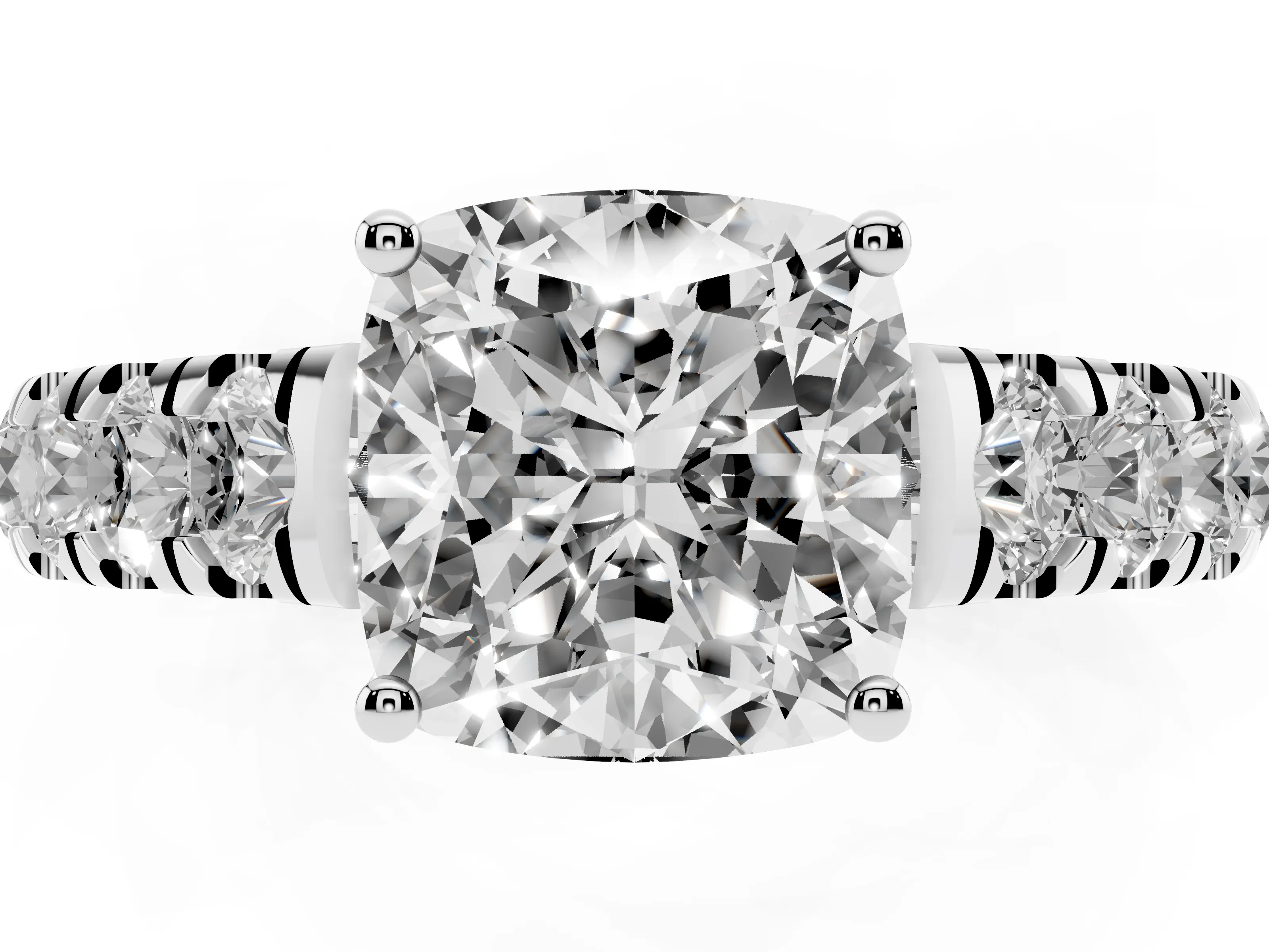 Cushion Cut Diamond Solitaire Ring Set in Silver with Cut-Down Micro Pavé Band and Prong Setting