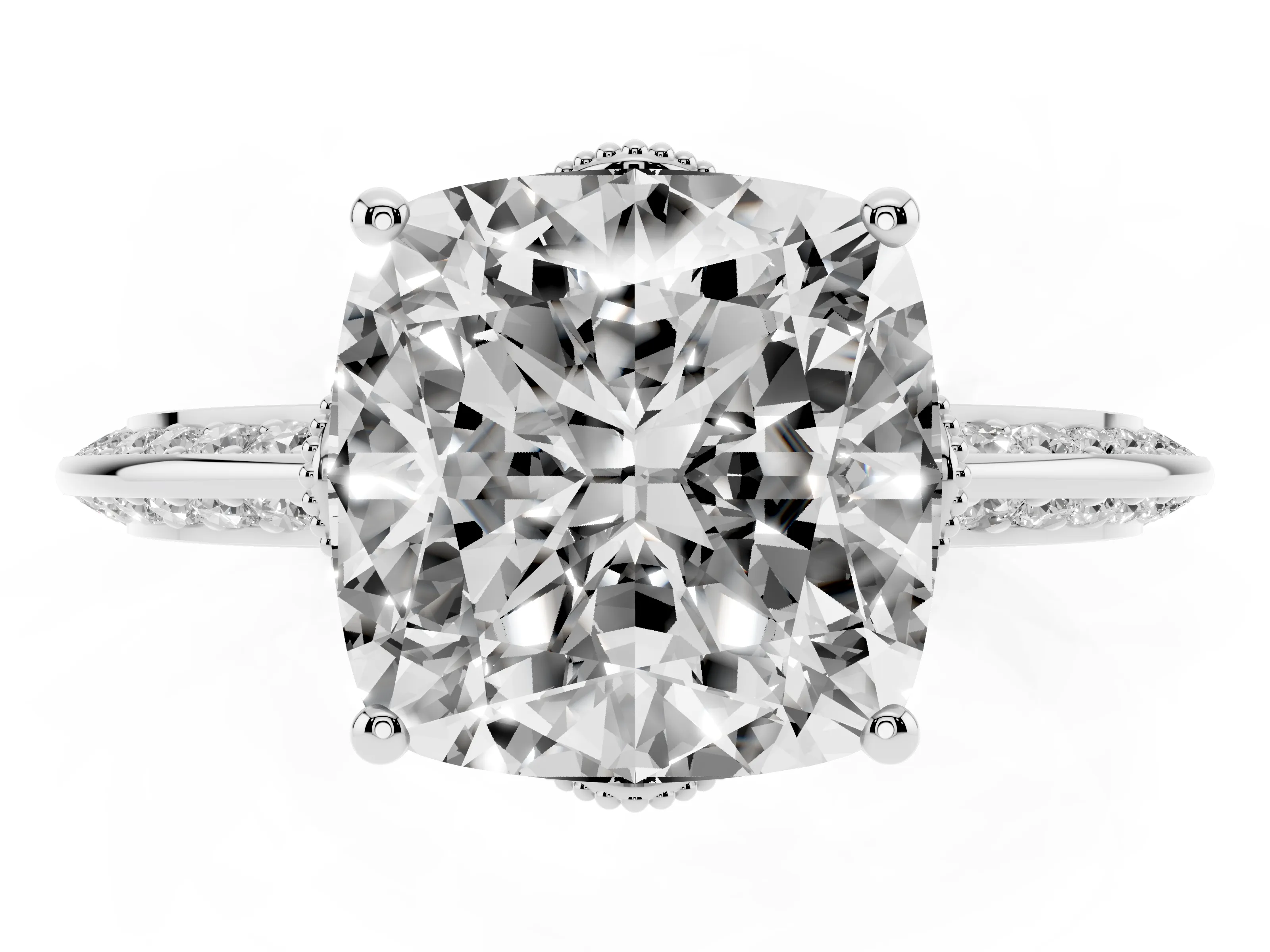 Cushion Cut Diamond Solitaire Engagement Ring Set in Silver with Pavé Split Shank and Prong Setting