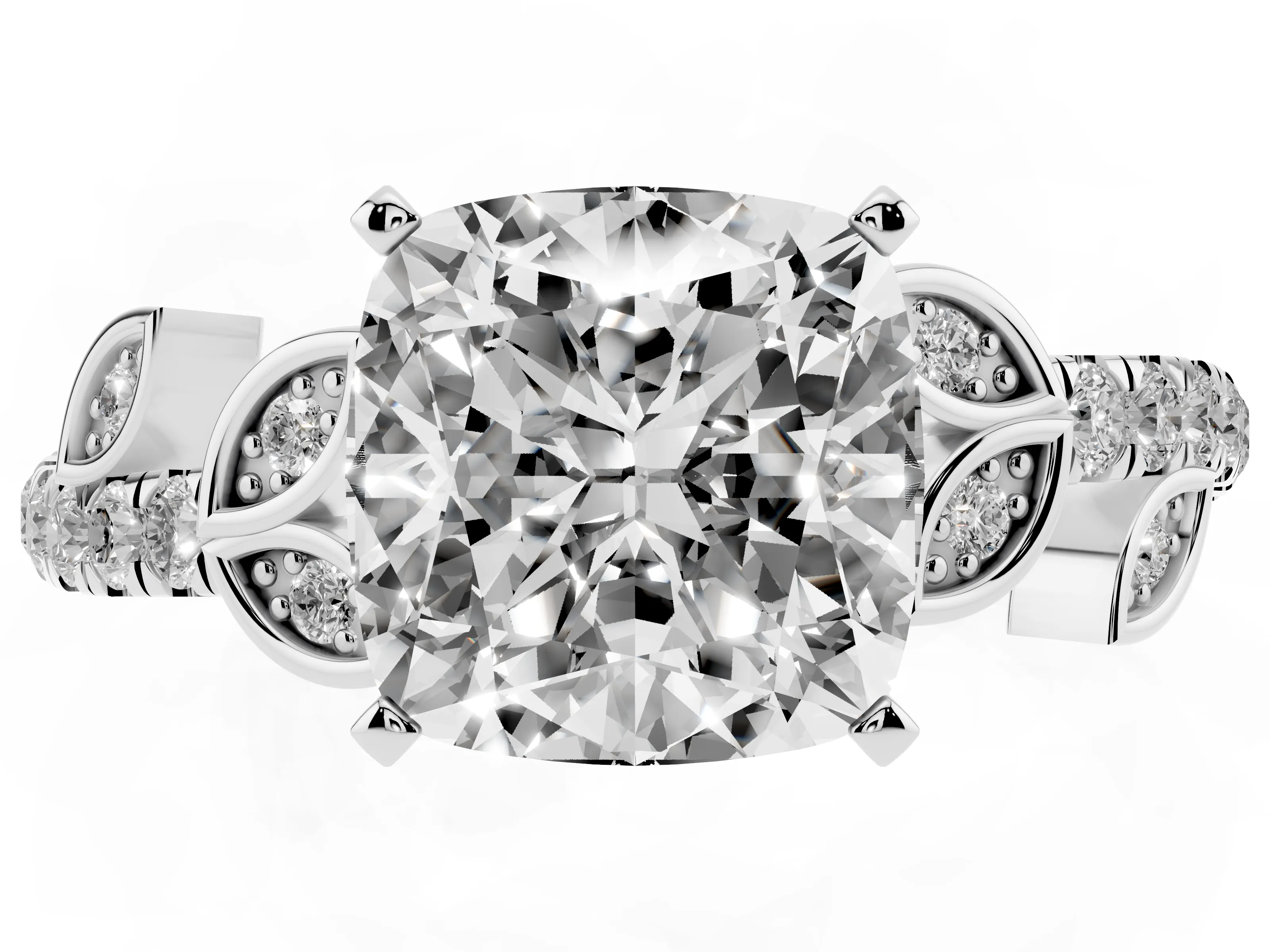 Cushion Cut Diamond Solitaire Leaf-Inspired Ring Set in Platinum with Pavé Band and Prong Setting