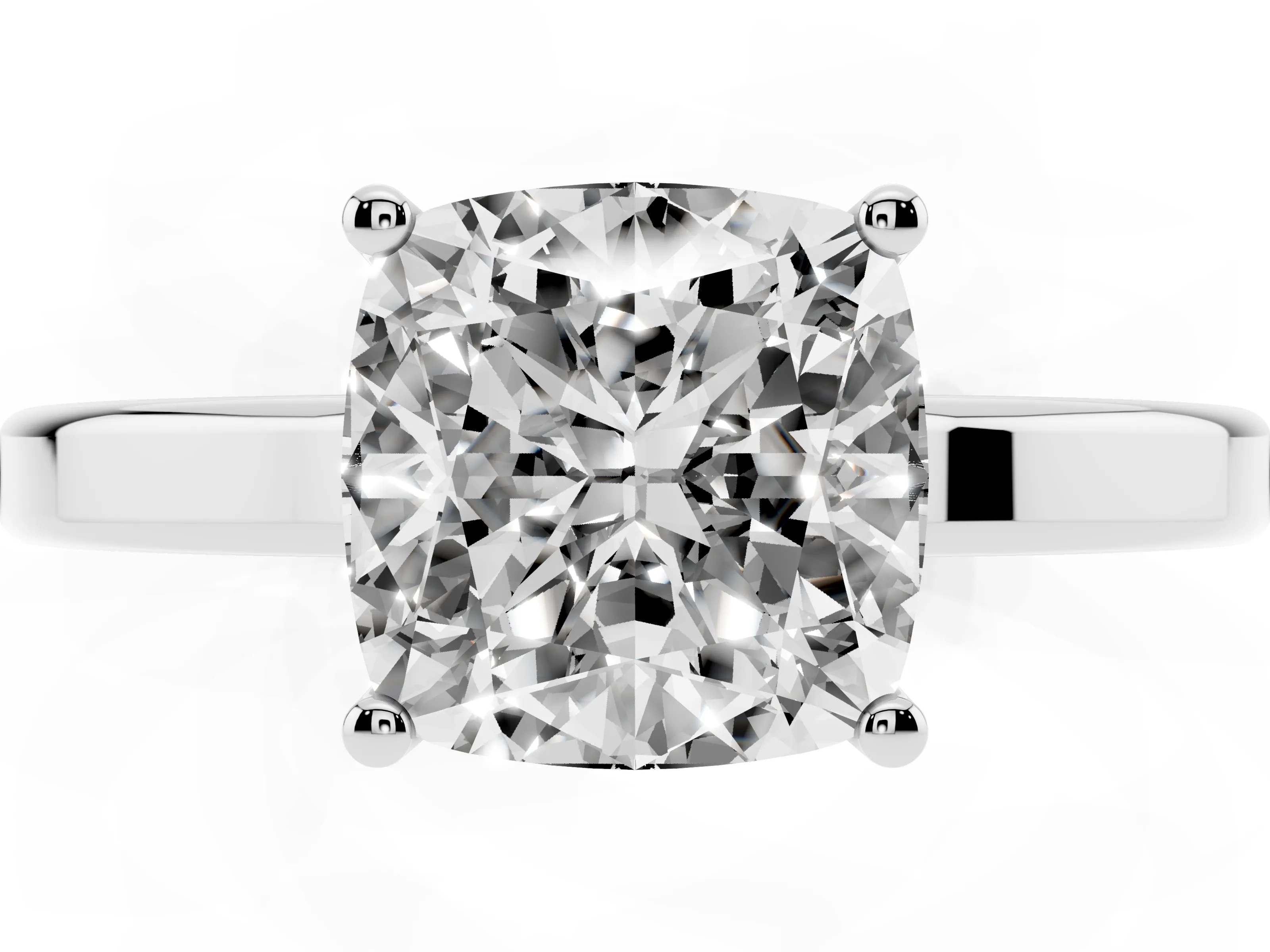 Cushion Cut Diamond Solitaire Engagement Ring Set in White gold with Prong Setting on a Plain Band