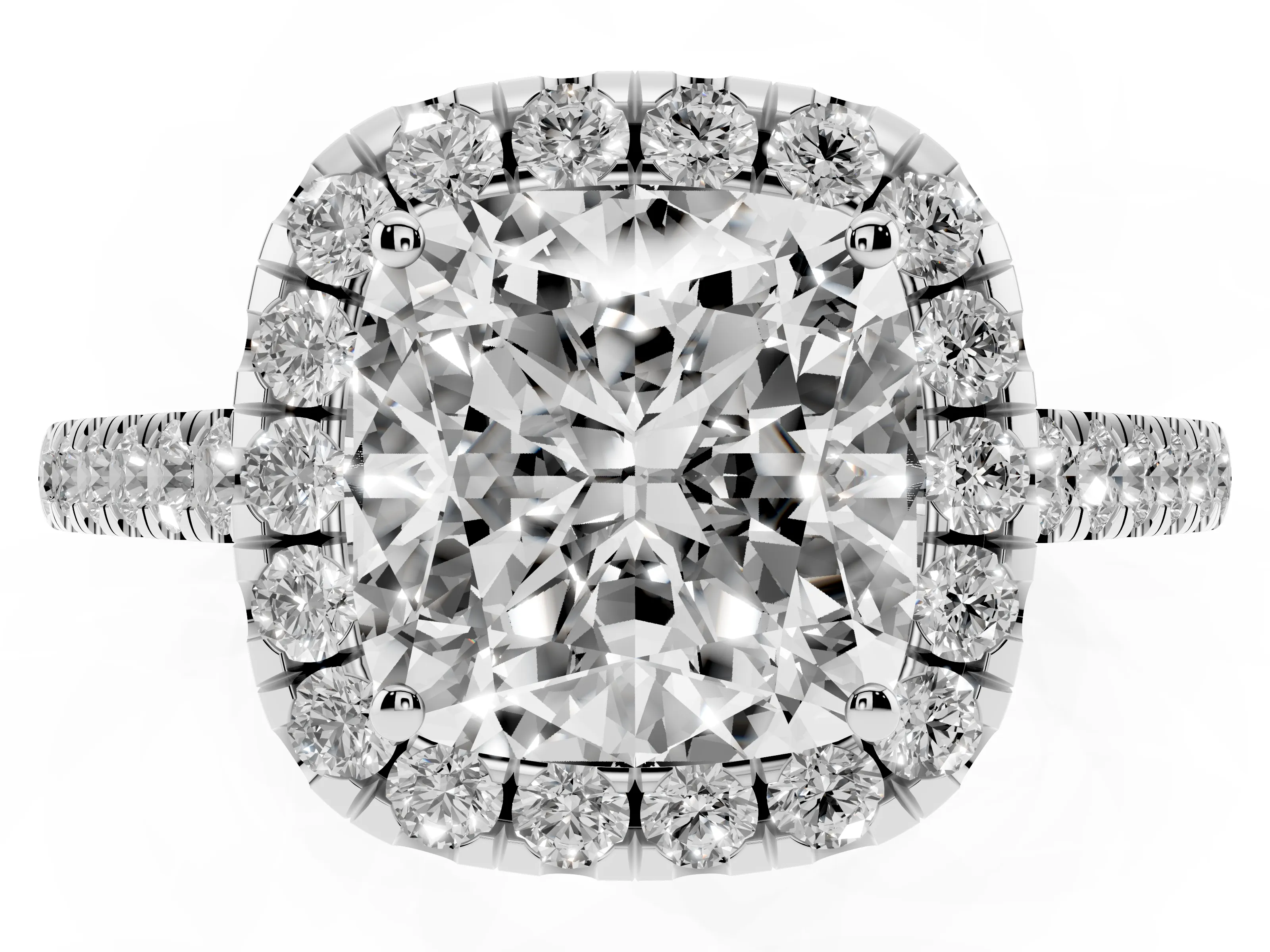 Cushion Cut Diamond Halo Pavé Engagement Ring Set in White gold with Prong Setting