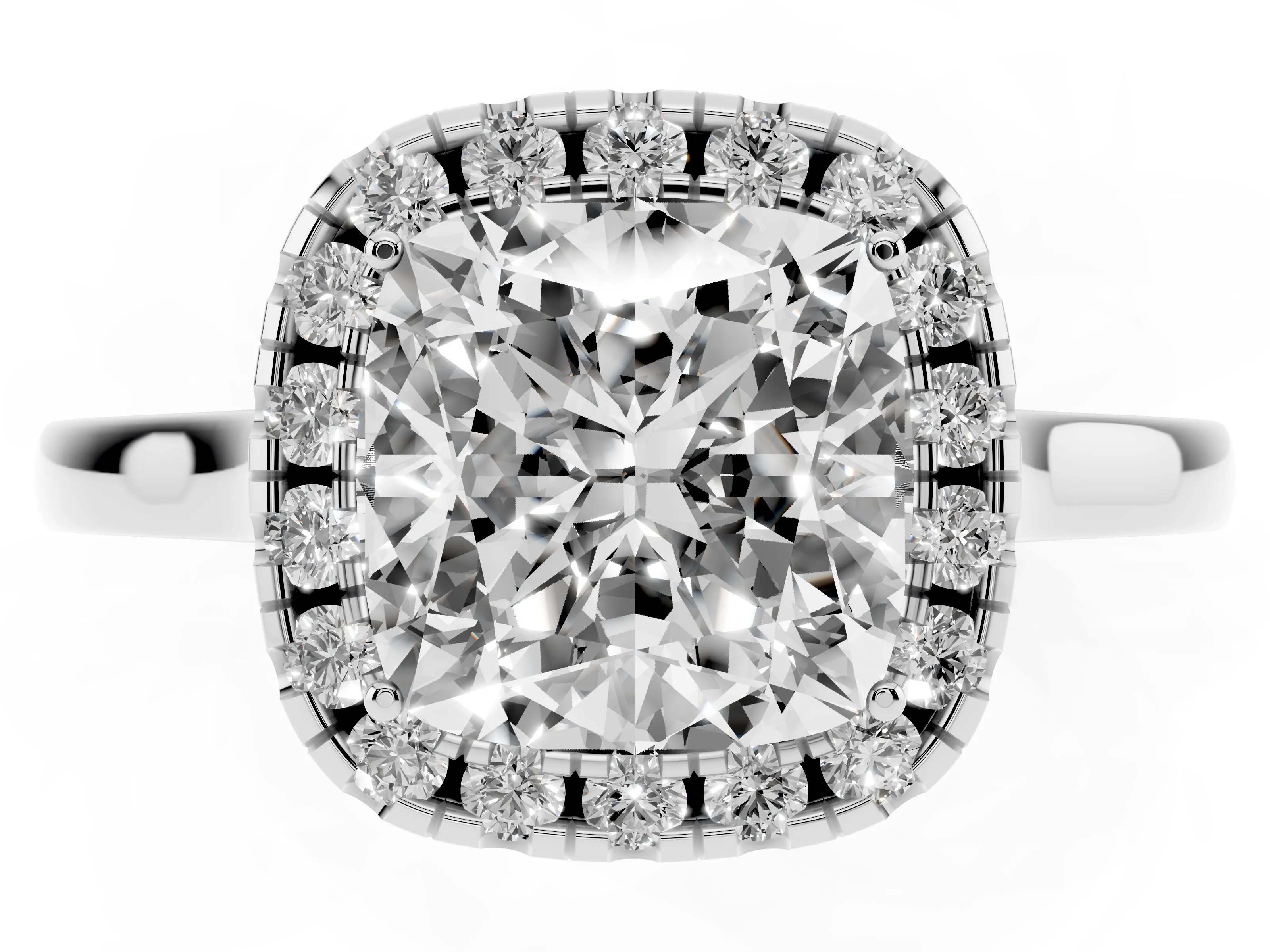 Cushion Cut Halo Round Diamond Solitaire Ring Set in Platinum with Pavé Band and Prong Setting