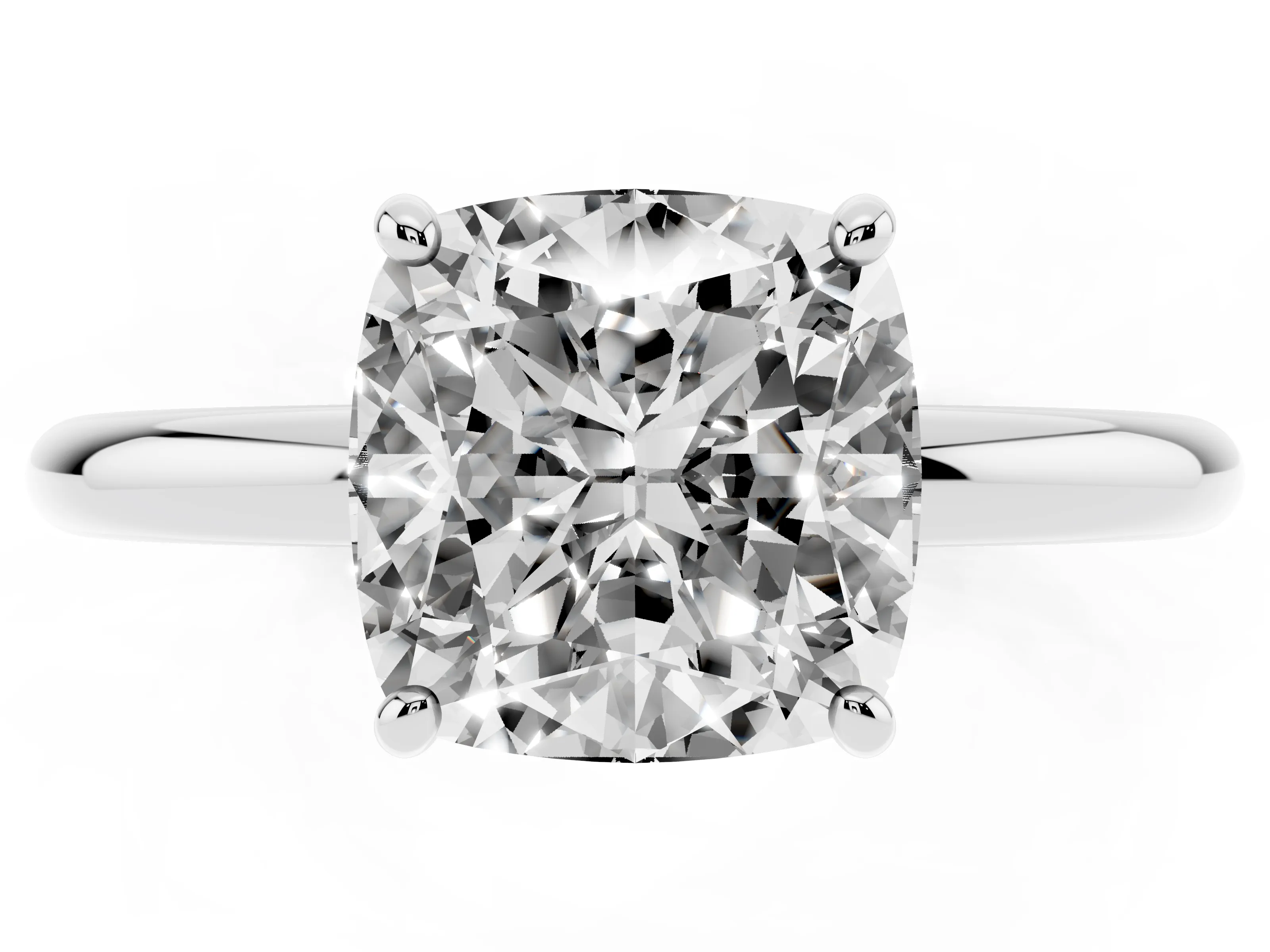 Cushion Cut Diamond Solitaire Ring Set in White gold with Prong Setting on a Polished Plain Band