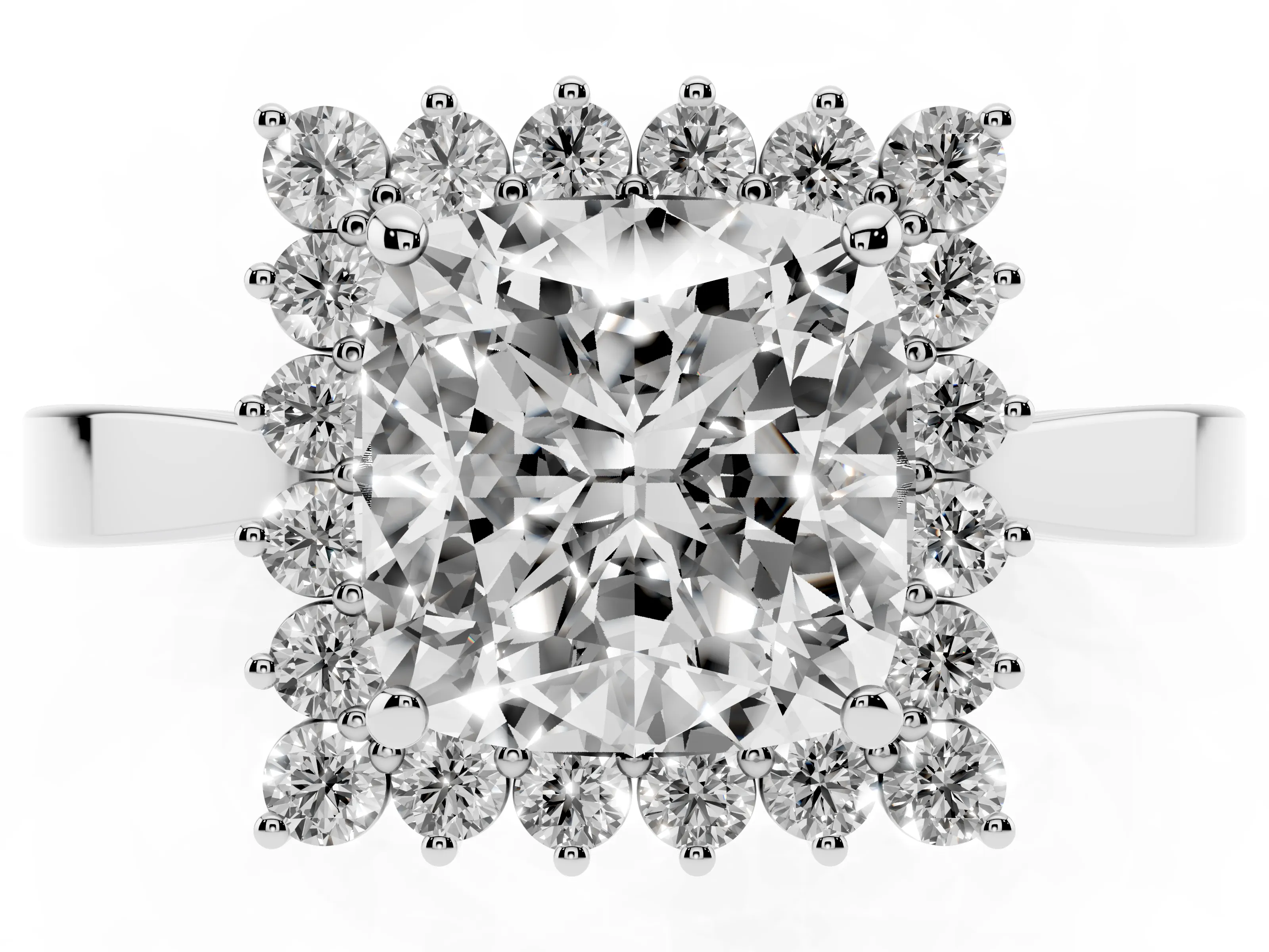 Cushion Cut Diamond Halo Ring Set in Platinum with Round Halo and Smooth Solitaire Band
