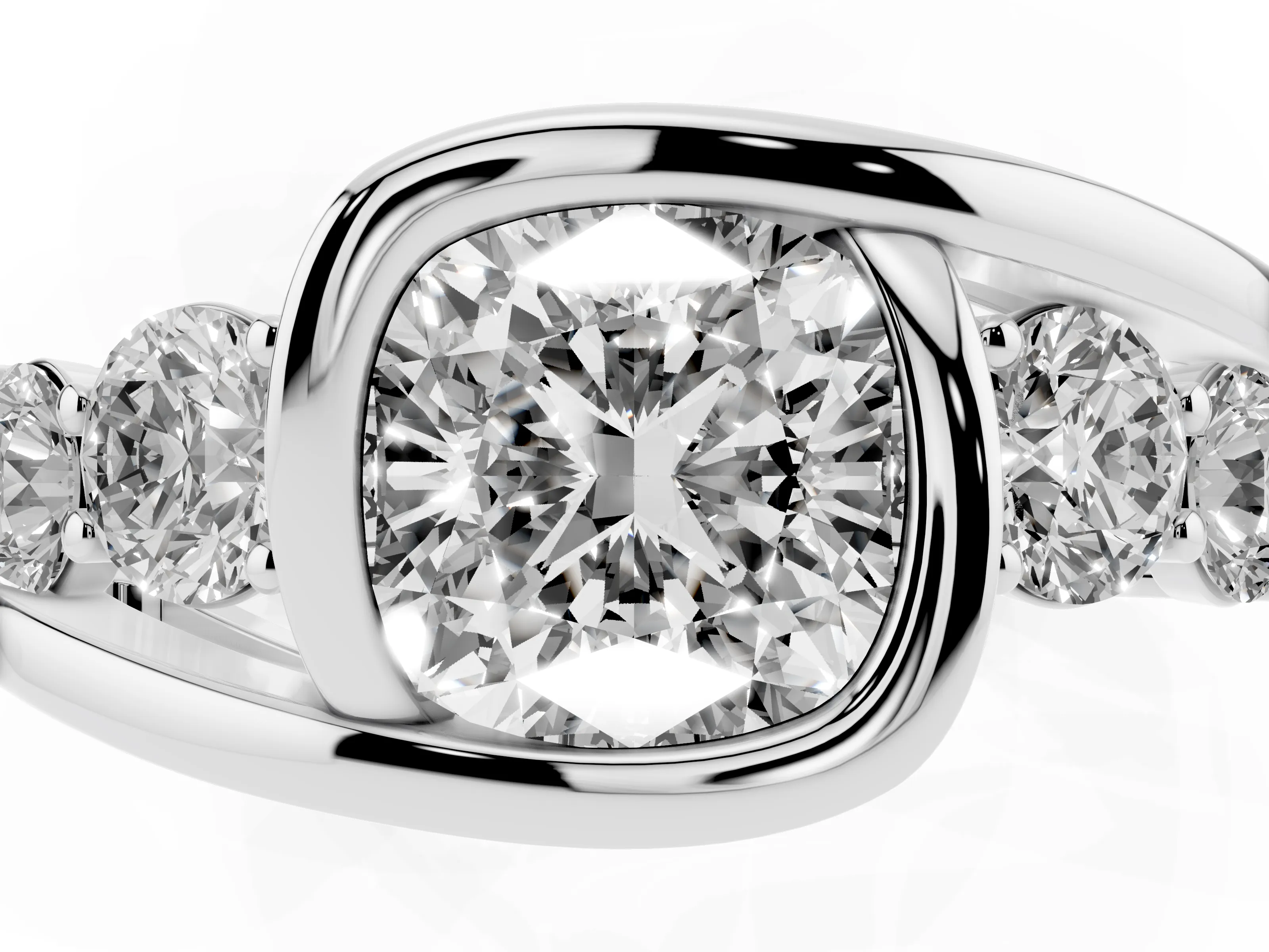 Cushion Cut Diamond Bezel Bypass Ring Set in Platinum with Round Accents