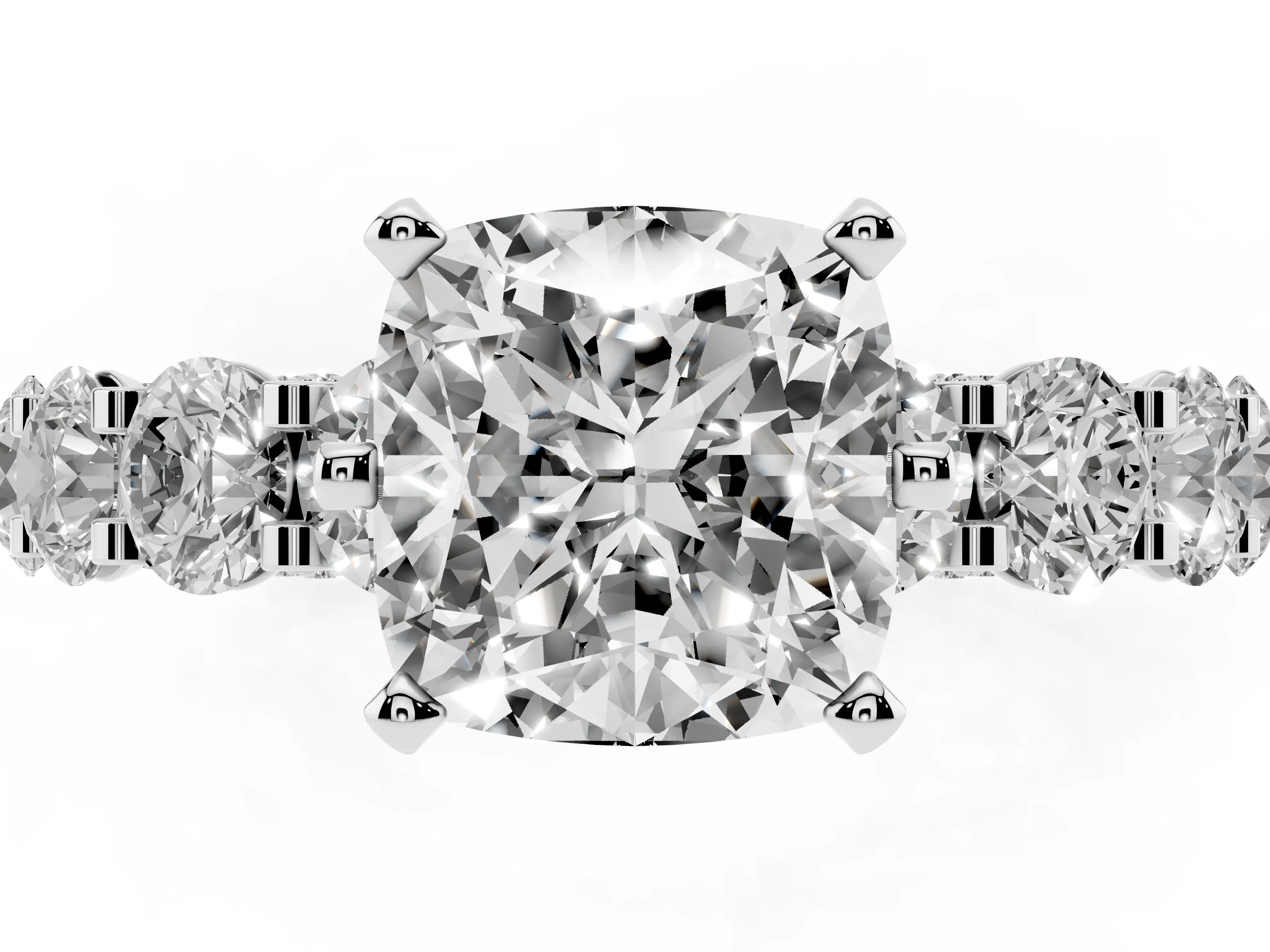 Cushion Cut Diamond Side Stone Ring Set in Silver with Alternating Round and Oval Side Stones
