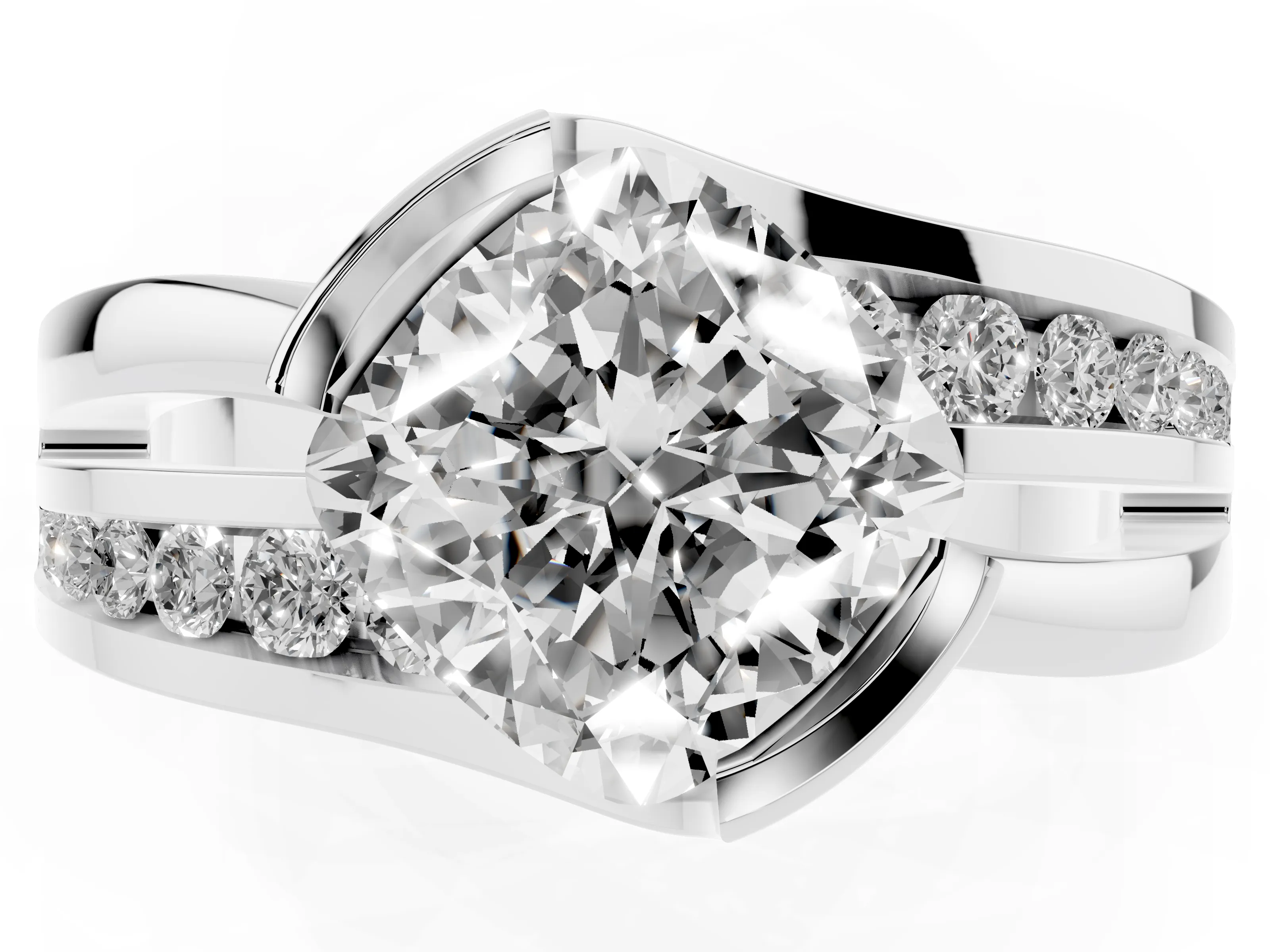 Cushion Cut Diamond Solitaire Ring Set in Silver with Channel Set Split Shank and Tension Prongs