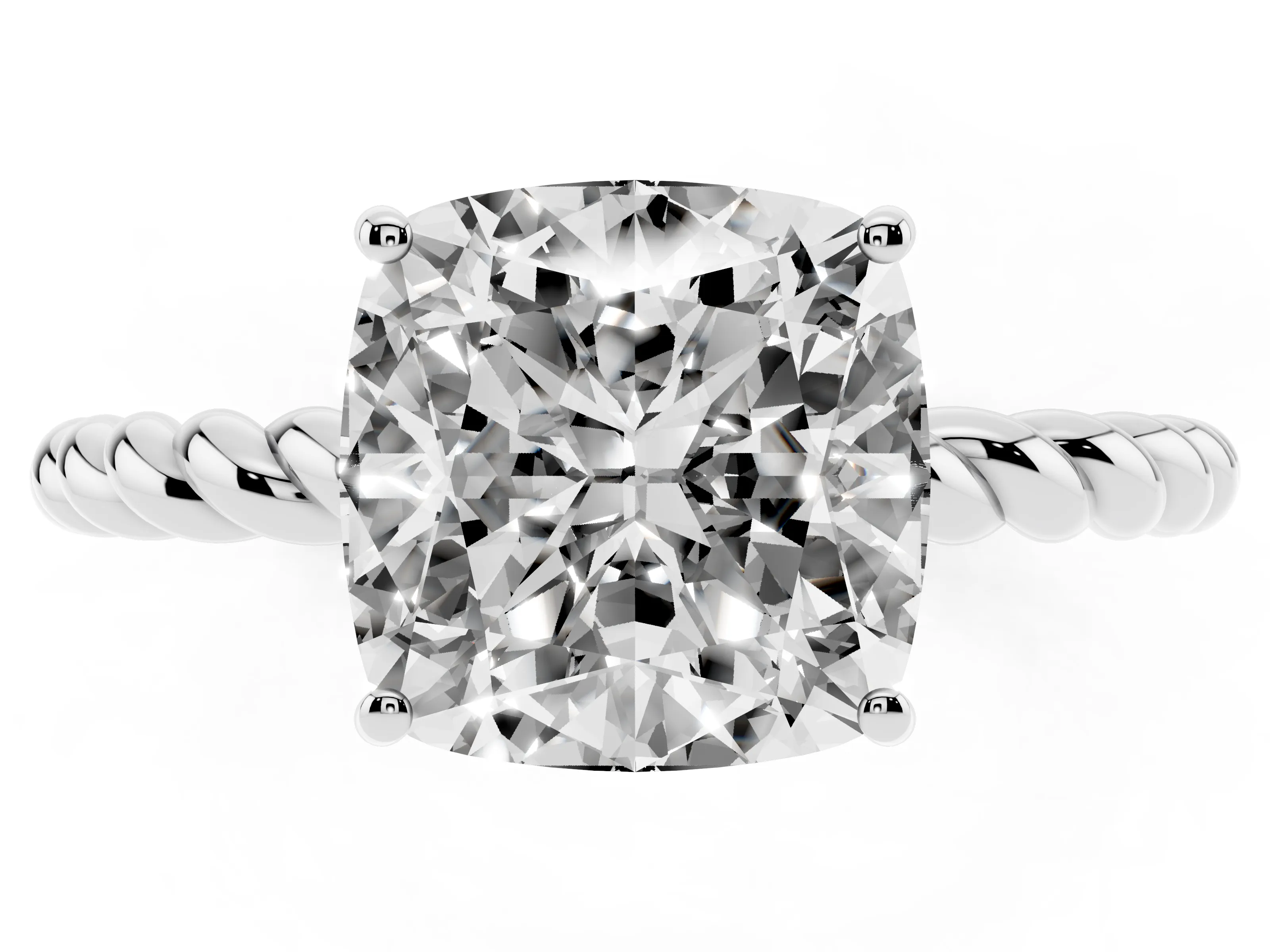 Cushion Cut Diamond Solitaire Ring Set in White gold with Twist Band and Prong Setting