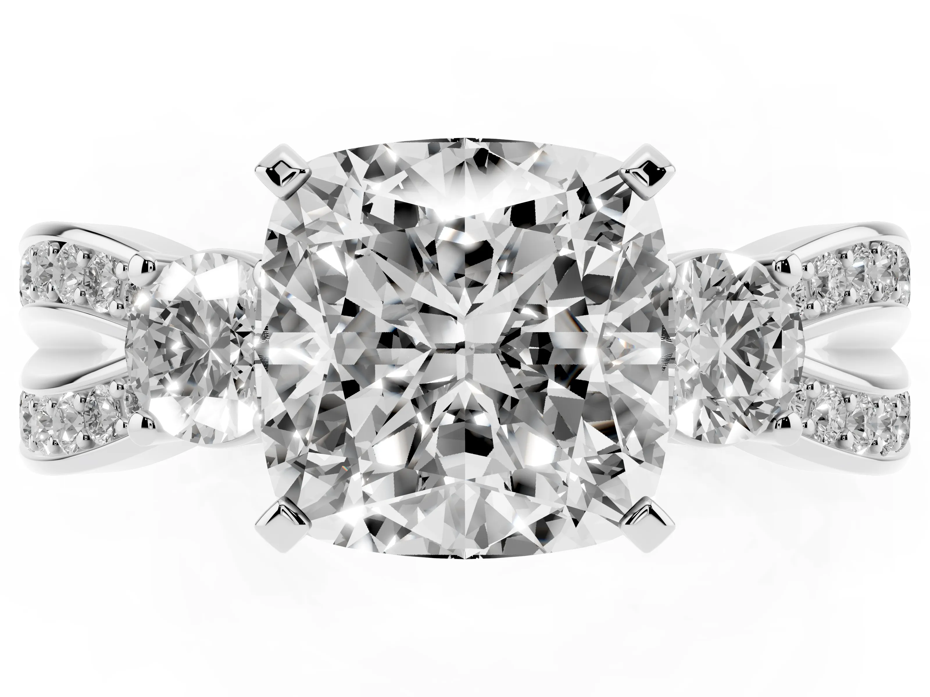 Three-Stone Cushion Cut Diamond Twist Band Ring Set in Silver with Pavé Accents and Prong Setting