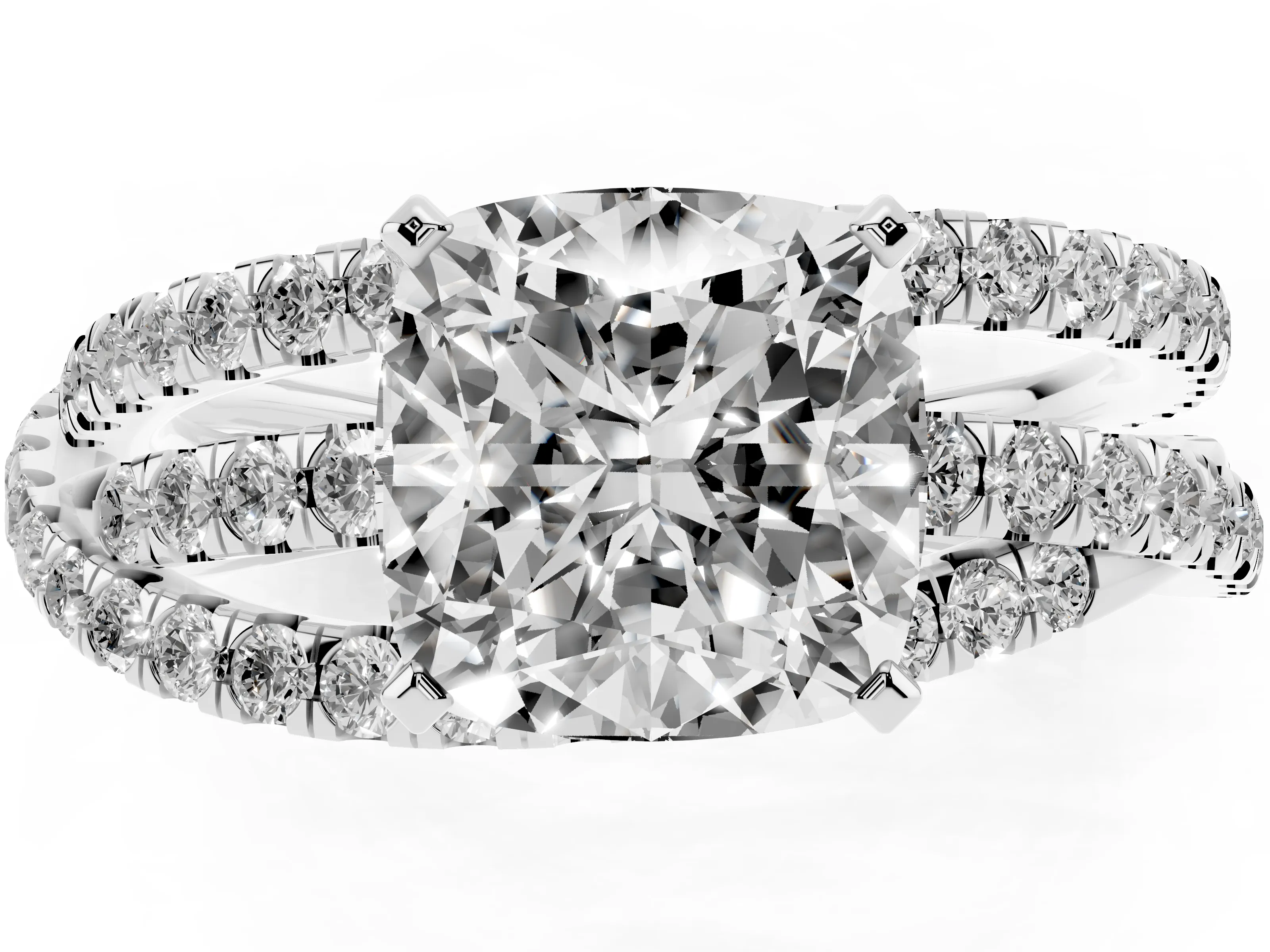 Cushion Cut Diamond Solitaire Twist Band Ring Set in Platinum with Pavé Setting and Prong Head