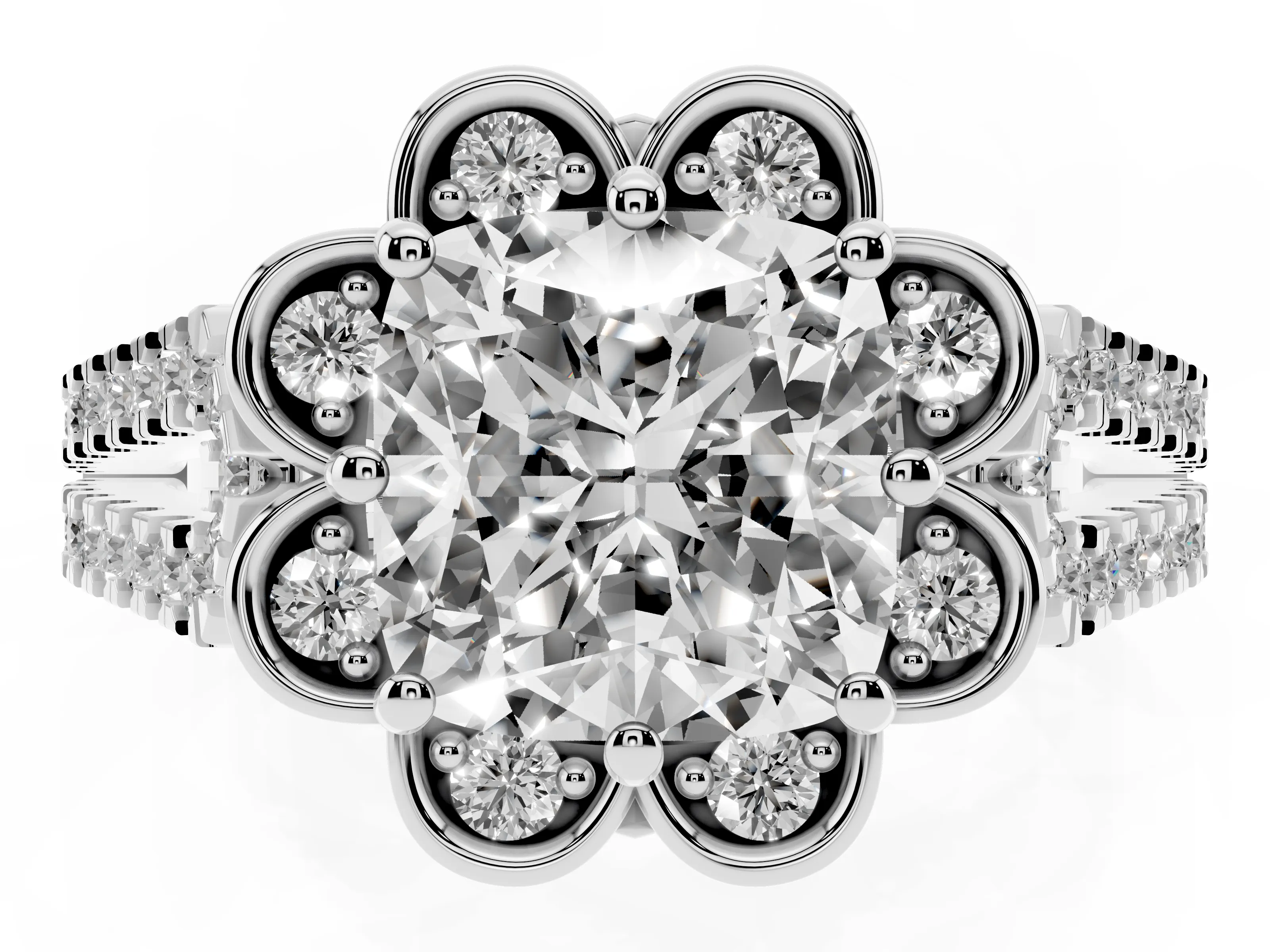 Cushion Cut Diamond Floral Halo Split Shank Engagement Ring Set in Platinum with Pavé Shank