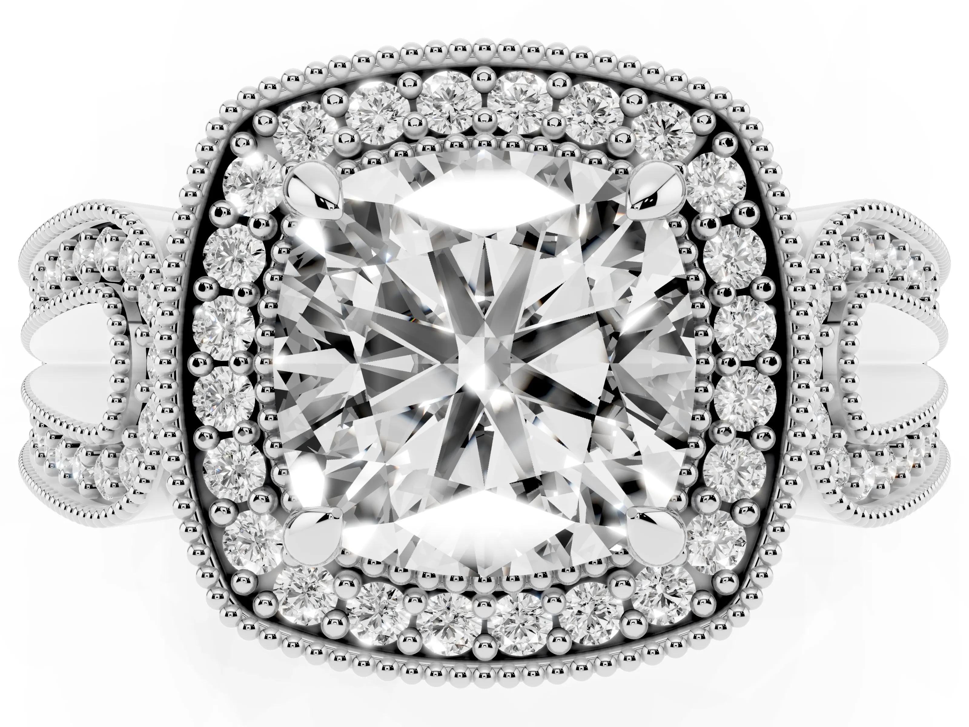 Cushion Cut Diamond Halo Ring Set in Silver with Milgrain Accent Split Shank