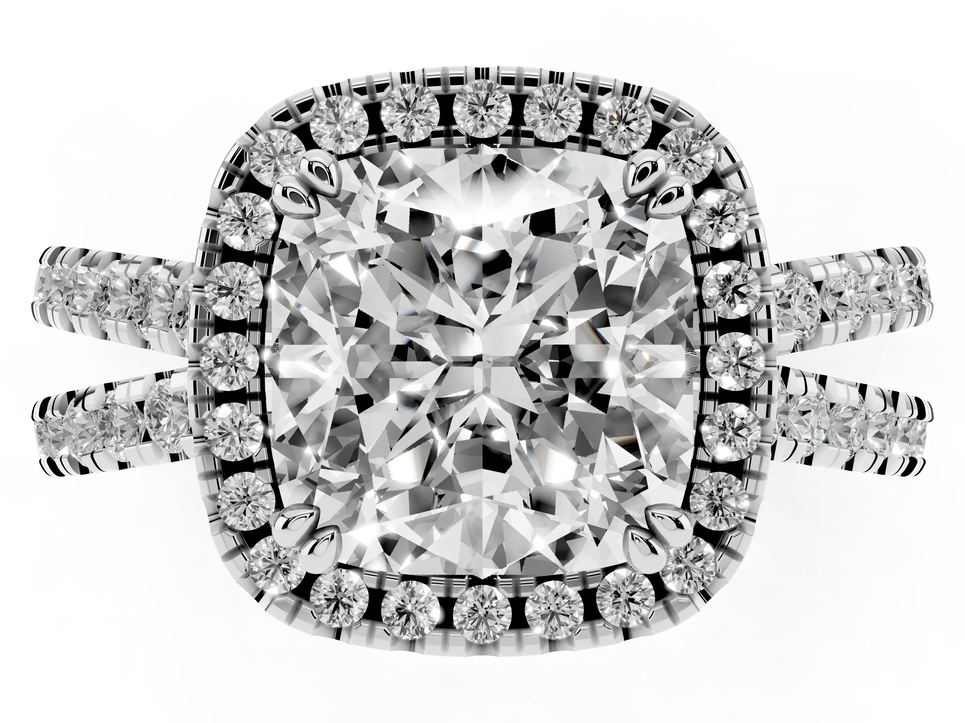 Cushion Cut Diamond Halo Split Shank Ring Set in Platinum with Pavé Setting