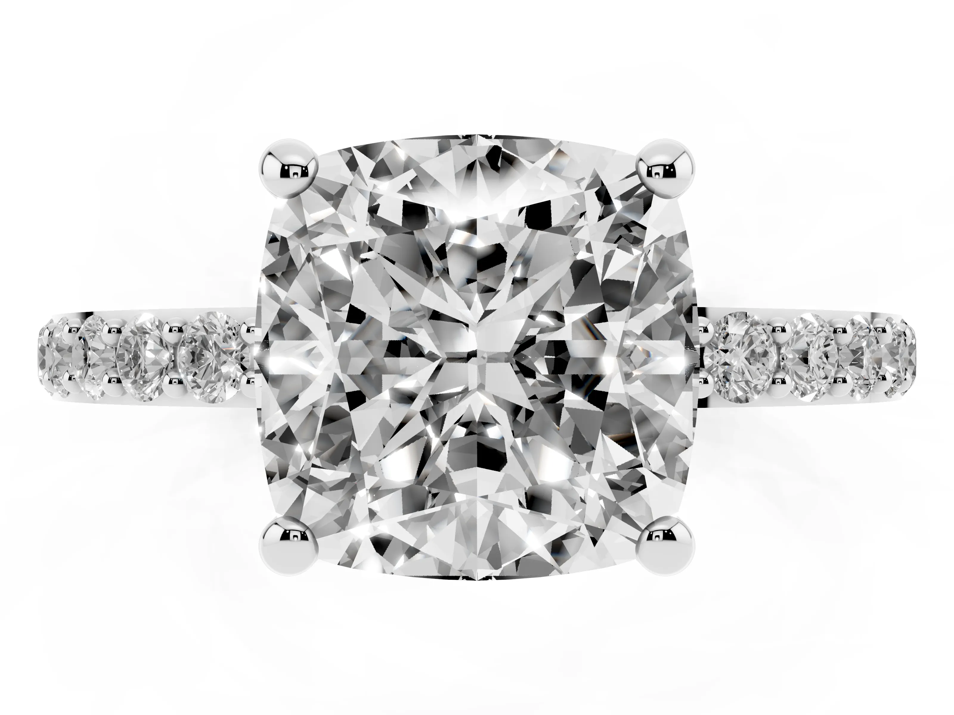 Cushion Cut Diamond Solitaire Ring Set in Platinum with Round Pavé Band and Prong Setting