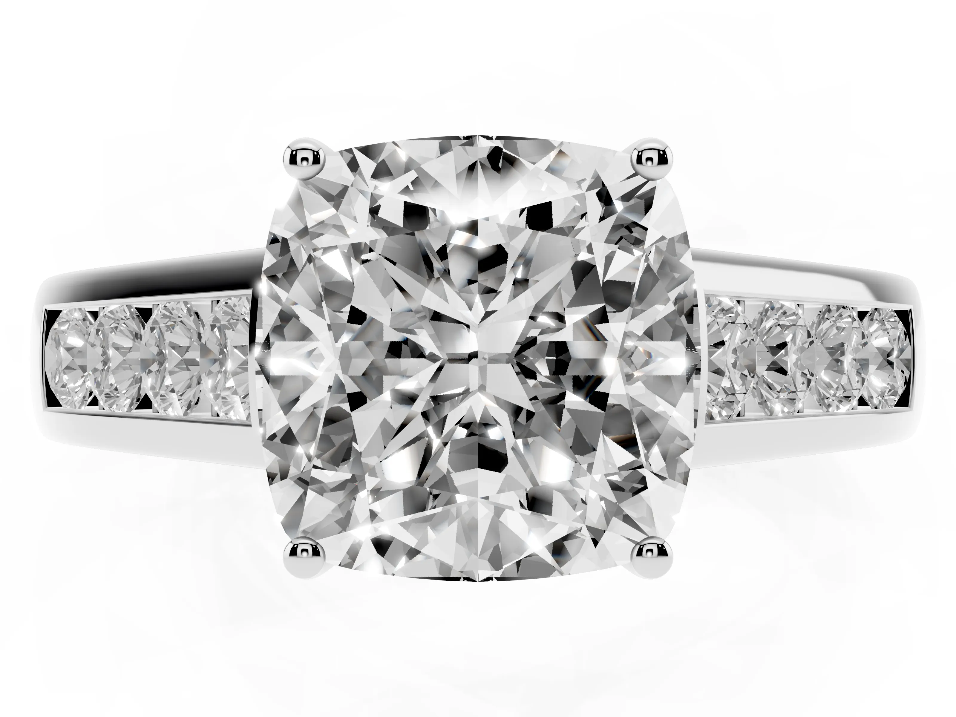 Cushion Cut Diamond Brilliant Channel-Set Solitaire Ring Set in Platinum with Prong Setting