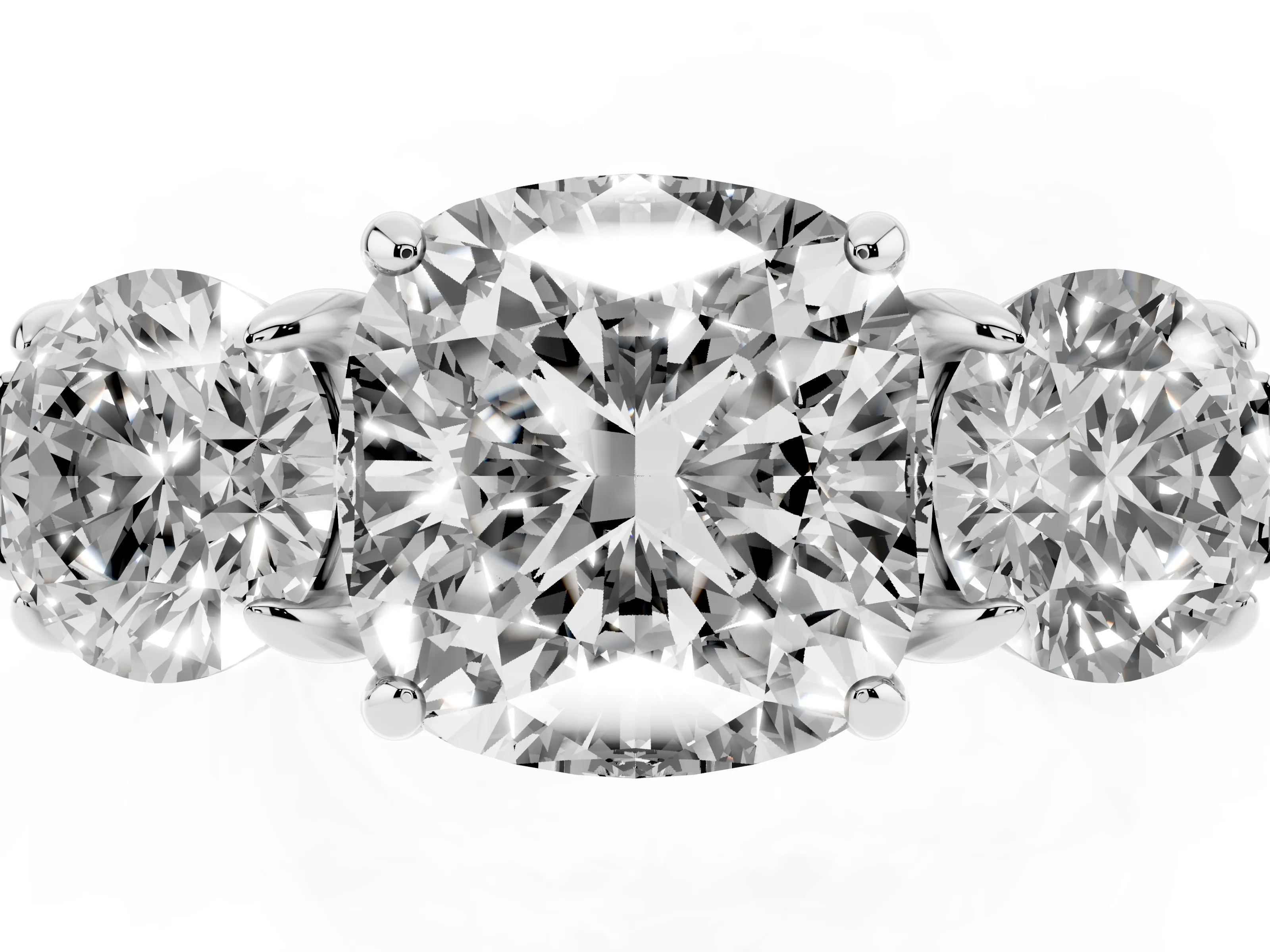 Cushion Cut Diamond Three-Stone Ring Set in Platinum with Round Accent Stones and Plain Band