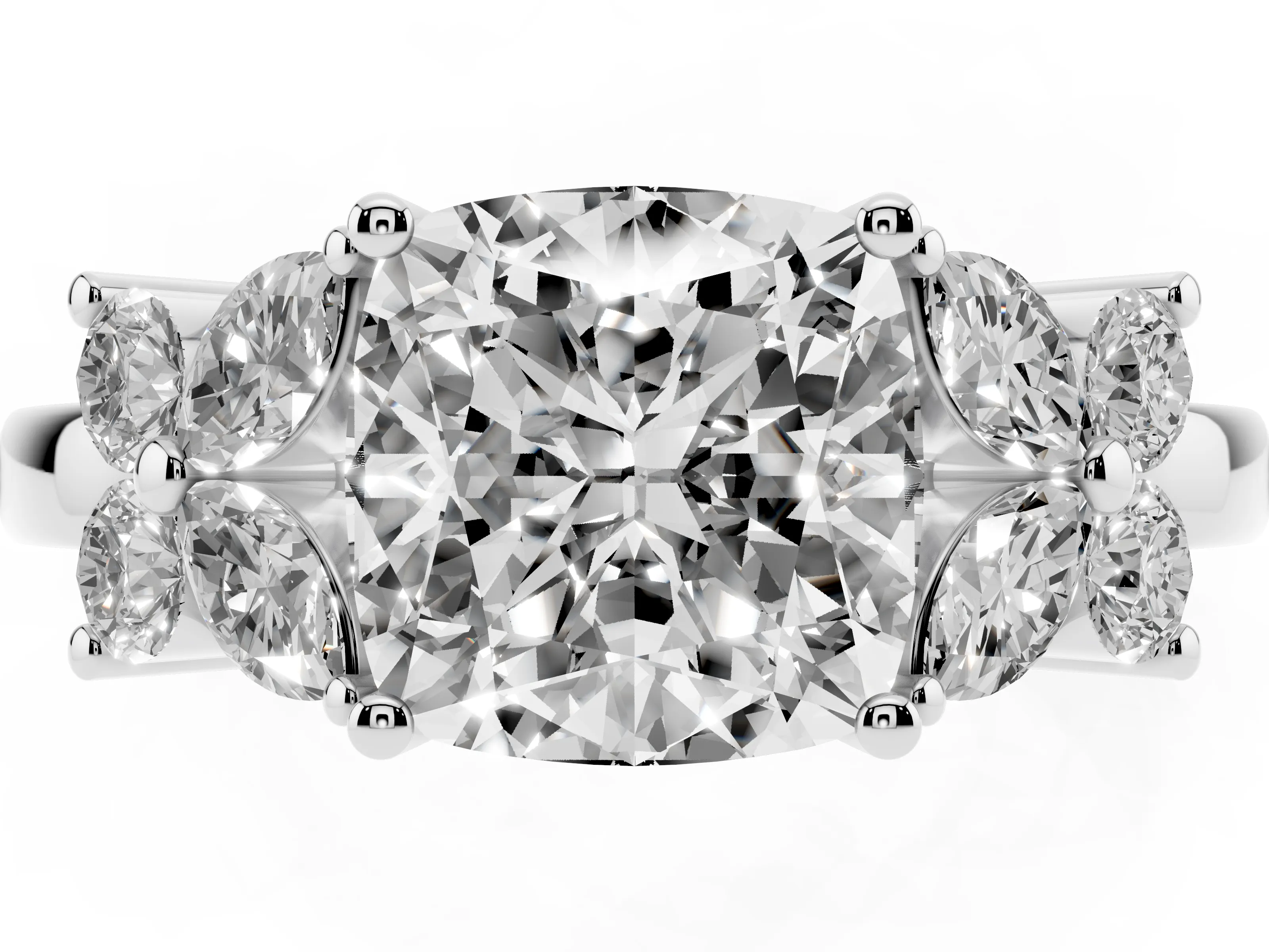 Cushion Cut Diamond Floral Cluster Ring Set in White gold with Marquise Petals and Prong Setting