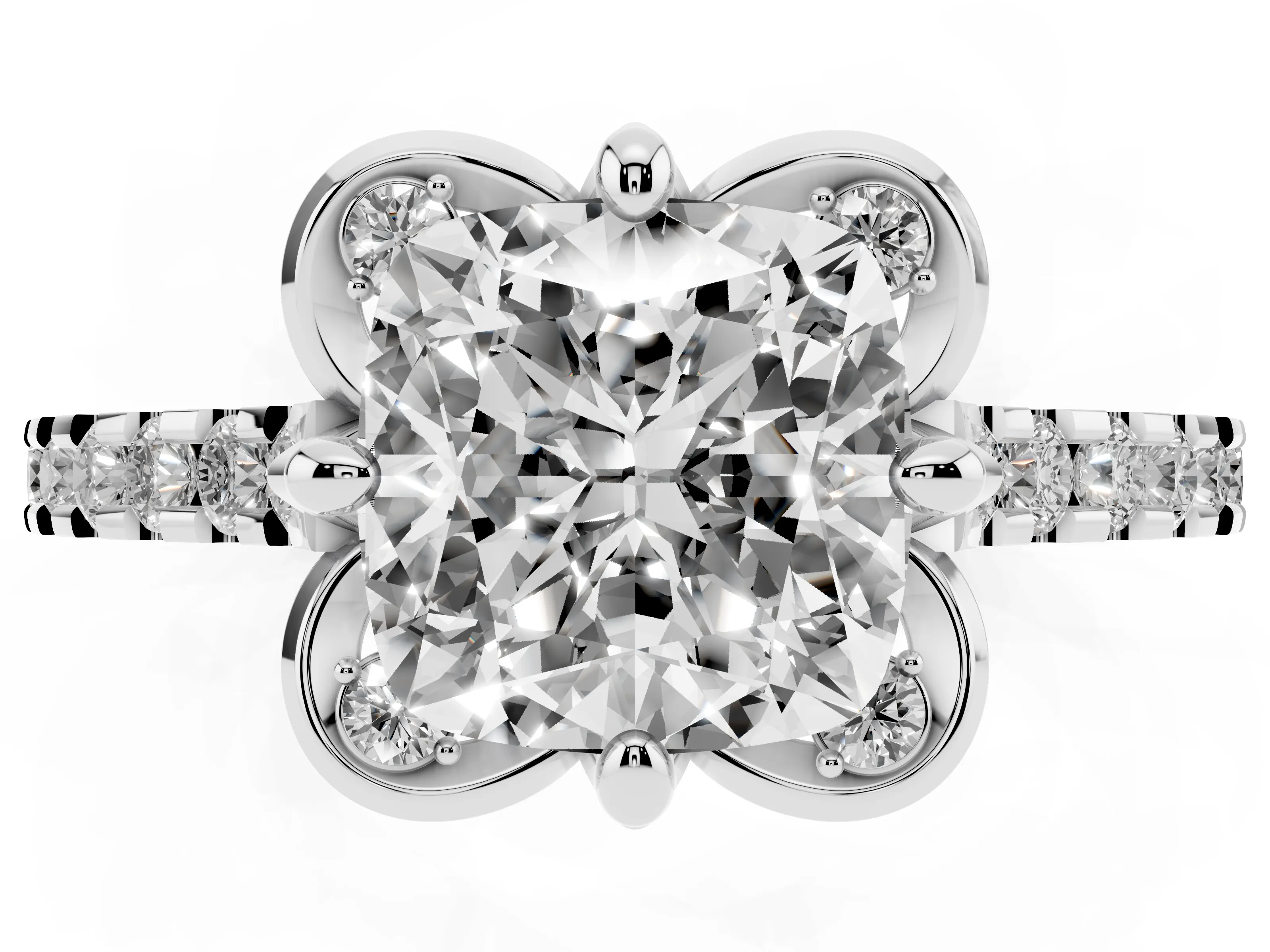 Cushion Cut Diamond Solitaire Ring Set in White gold with Pavé Band and Floral Prong Setting