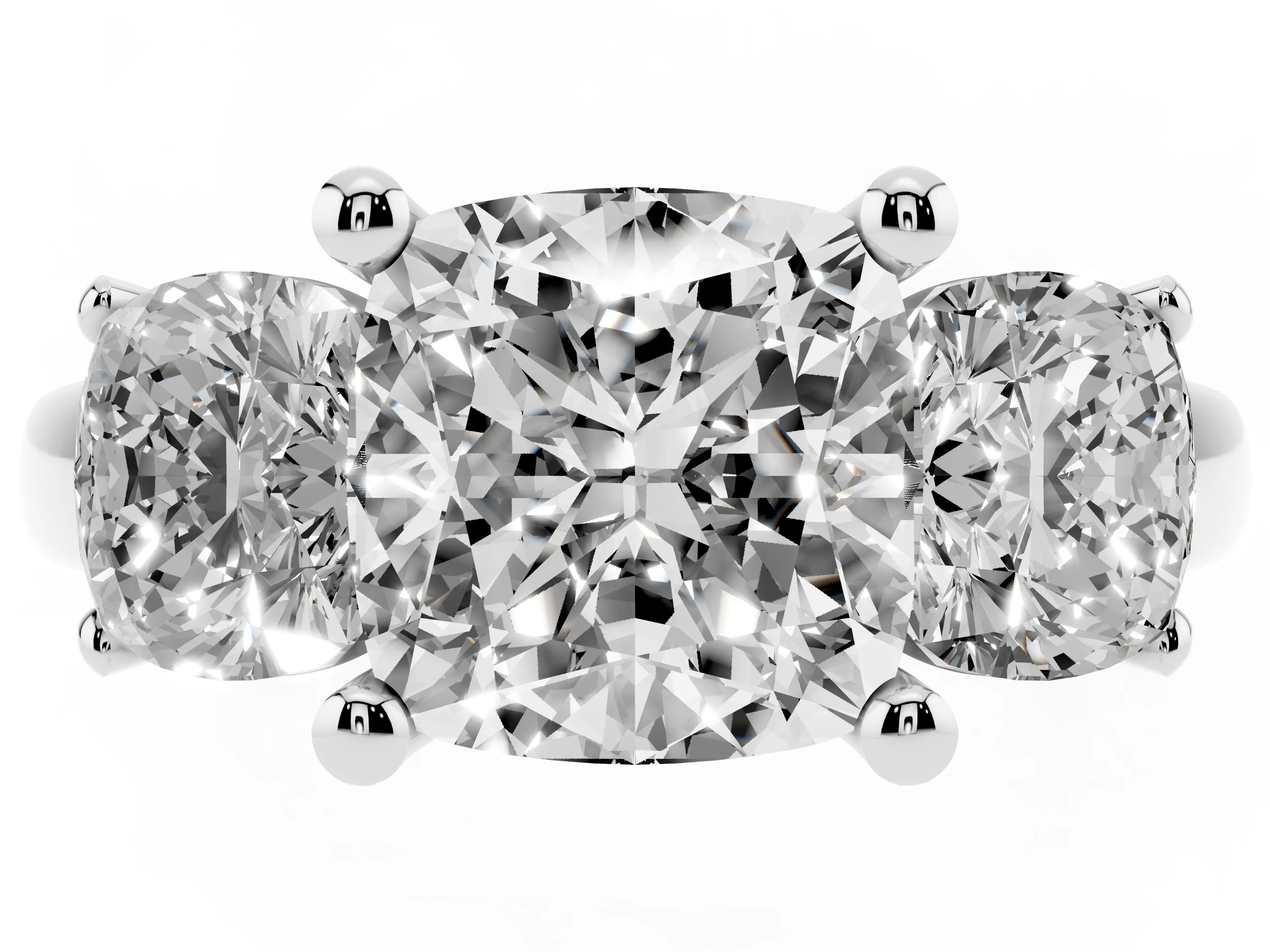 Cushion Cut Diamond Three-Stone Ring Set in Silver with Classic Prong Setting and Plain Band