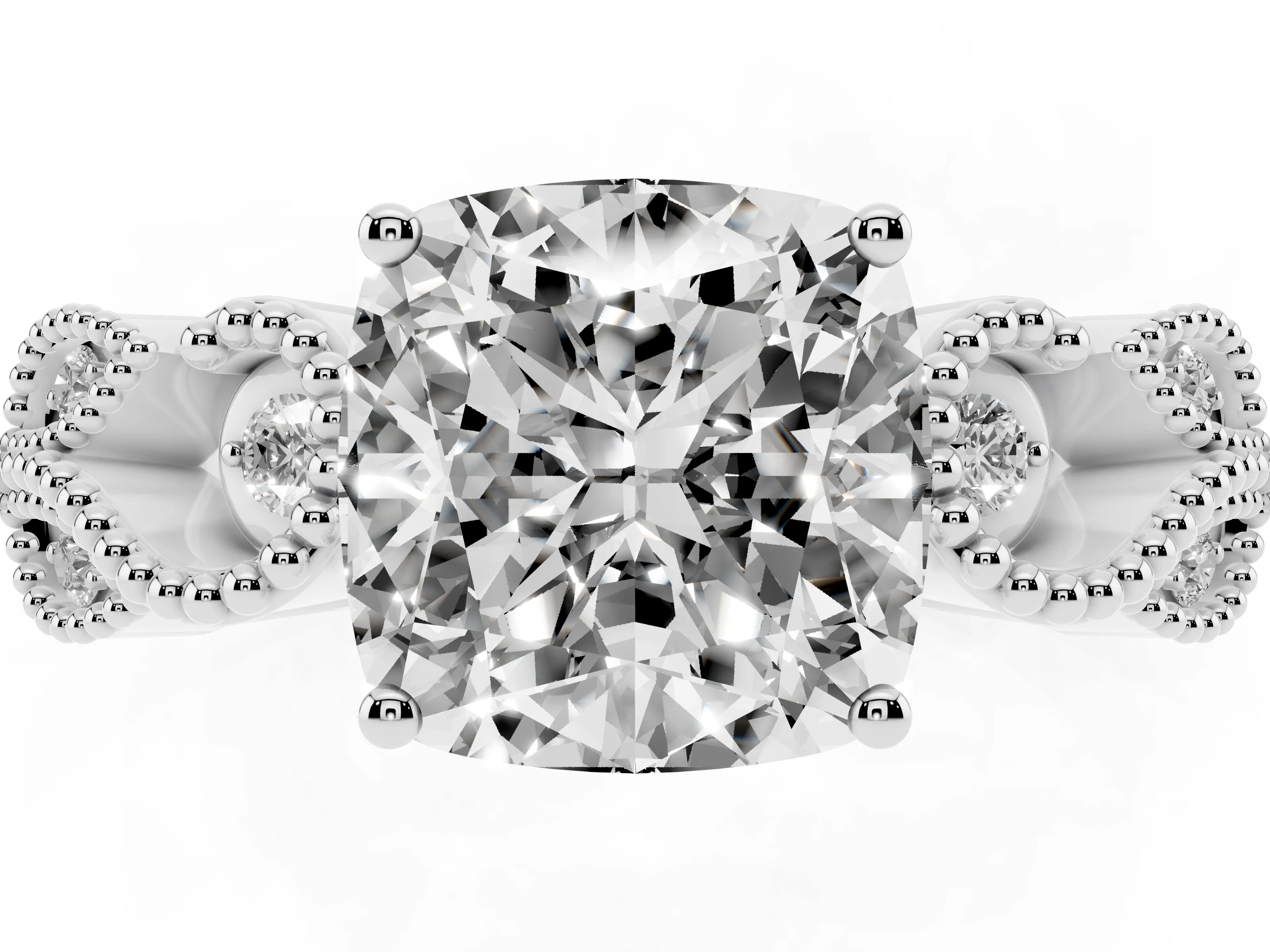 Cushion Cut Diamond Milgrain Leaf Band Solitaire Ring Set in Silver with Accent Stones and Prong Setting