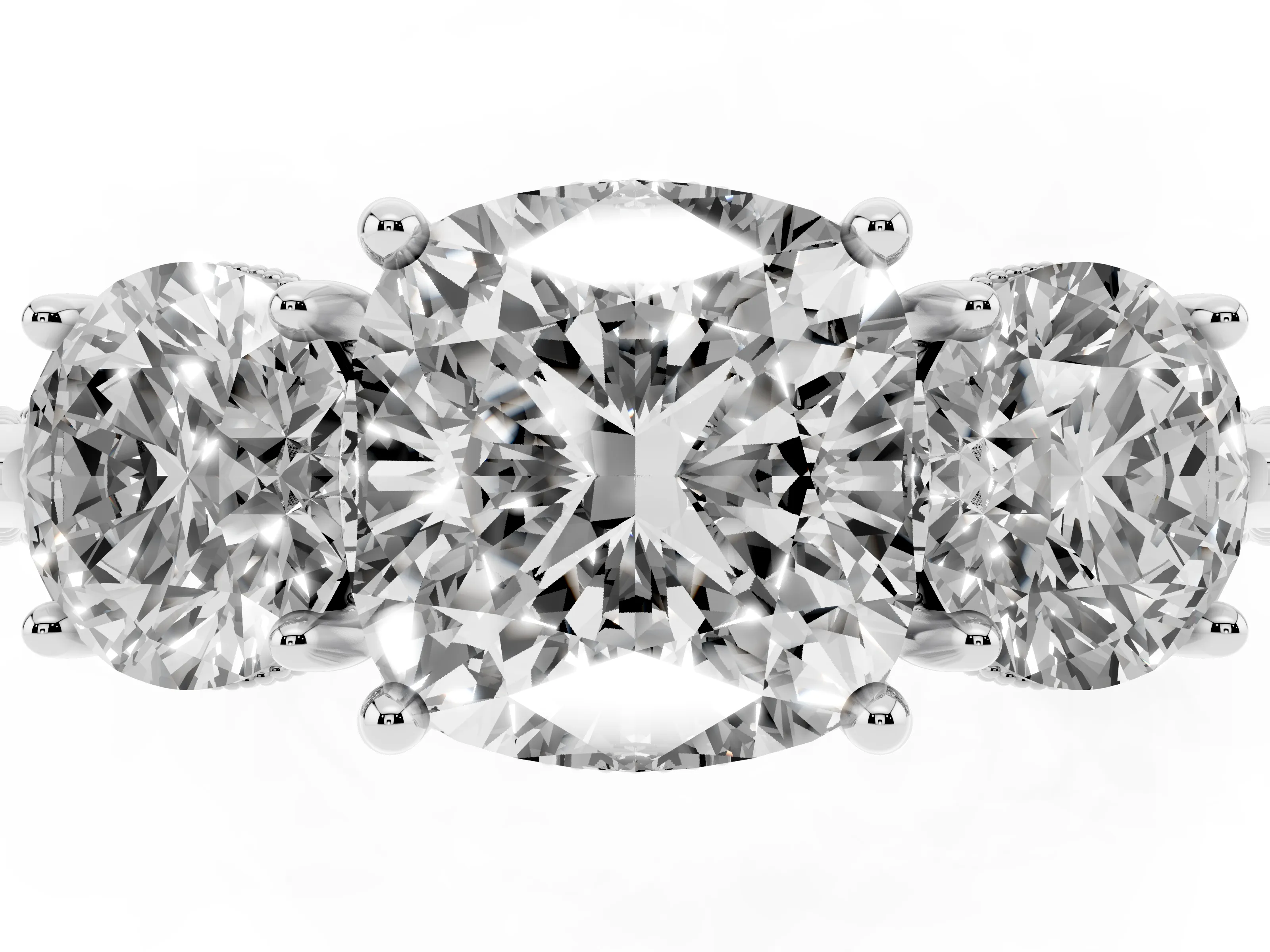 Cushion Cut Diamond Three-Stone Ring Set in Silver with Milgrain Band