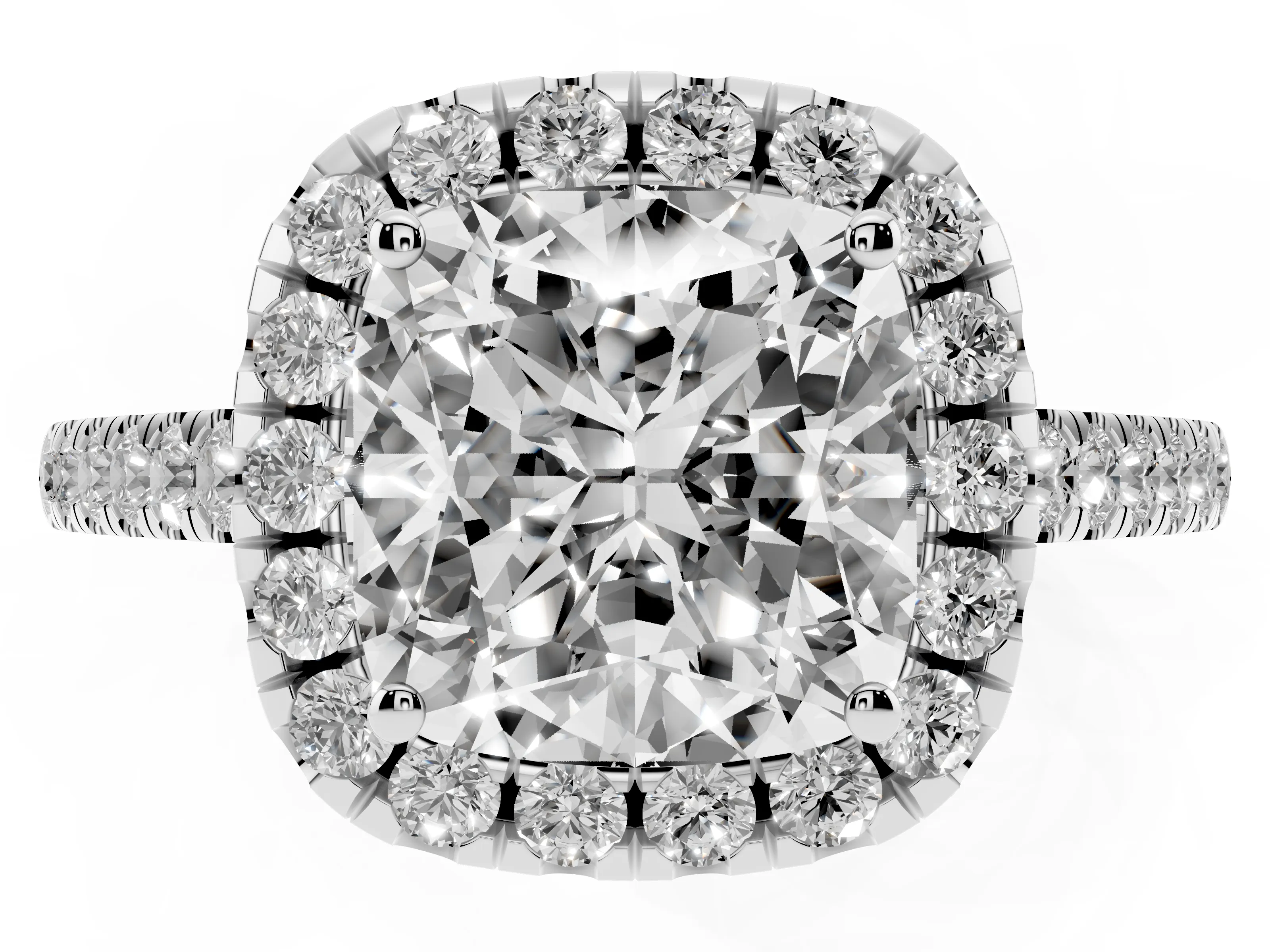 Cushion Cut Diamond Pavé Halo Engagement Ring Set in Silver with Pavé Band and Prong Setting